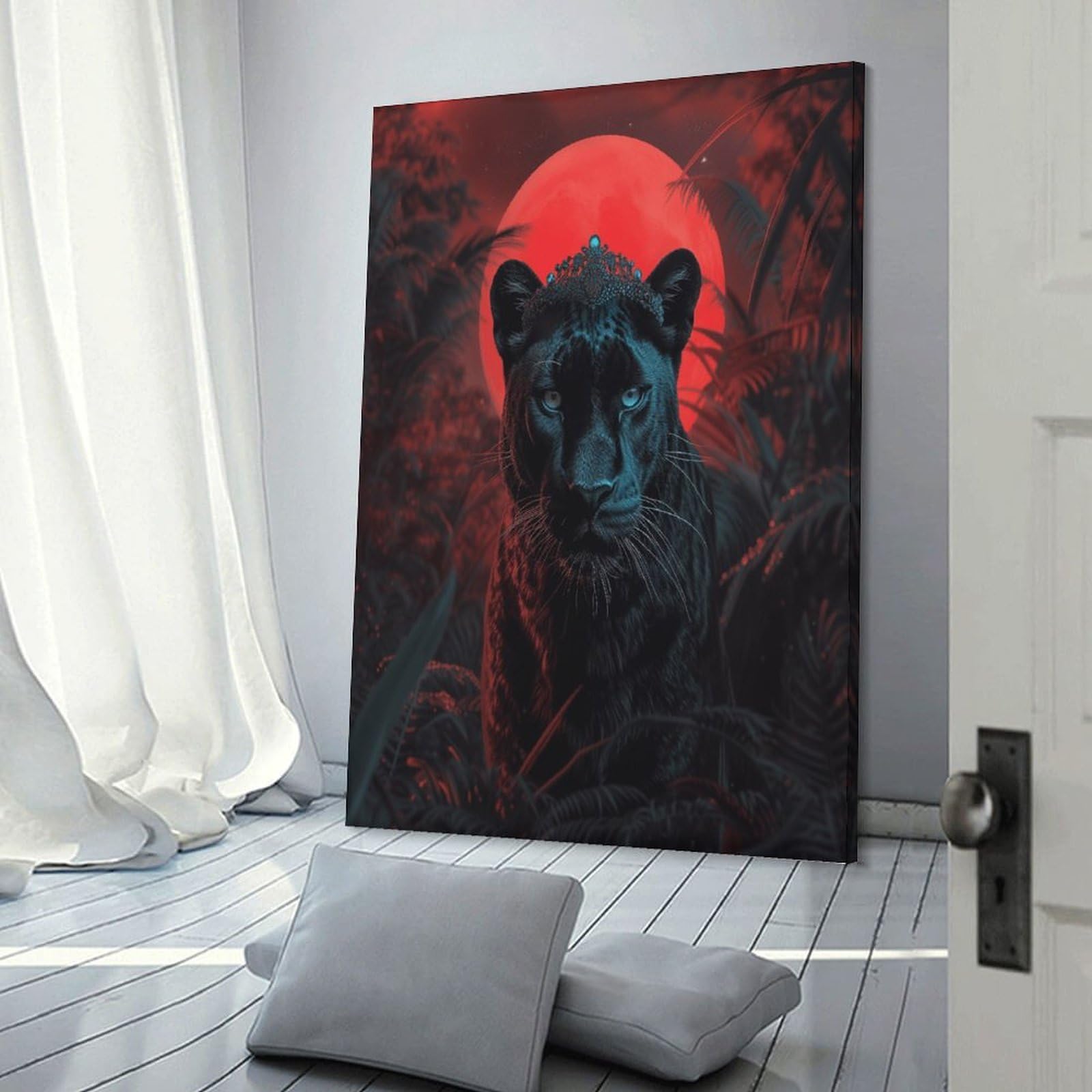 Junmoney Frame-Style-4 Black Panther With Crown Wall Picture Print, 24X36inch(60X90cm), For New Homes, Bedrooms Or Workspaces, Thoughtful Wall Decor For Art Lovers