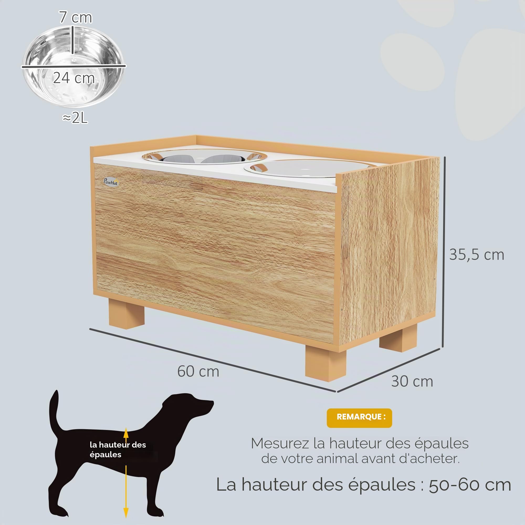 PawHut 14" H Support surélevé gamelles Chien Grands Animaux Chêne | Station d'alimentation, bol anti-glouton amovible, 2 gamelles inox pour nourriture et eau, rangement