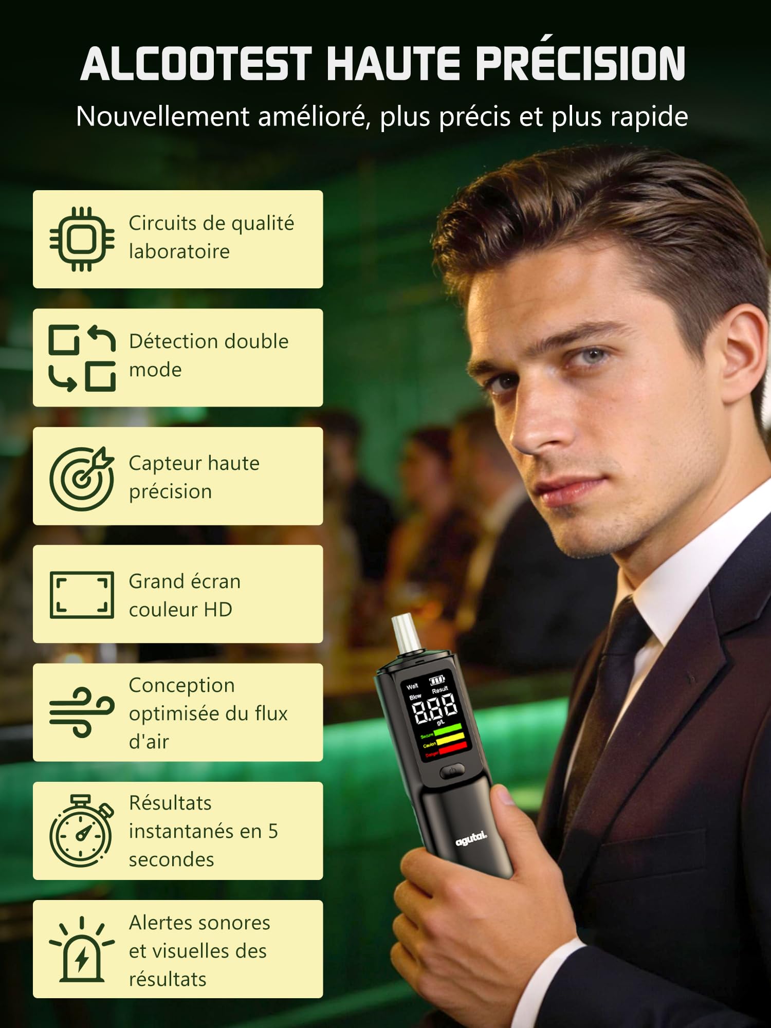 Ethylotest Electronique Homologué Alcootest Ethylometre : Professionnel Etiloteste Rechargeable Éthylomètre Haute Précision avec Affichage Numérique LCD - Portable Testeur d'alcool 10 Embouchures Noir