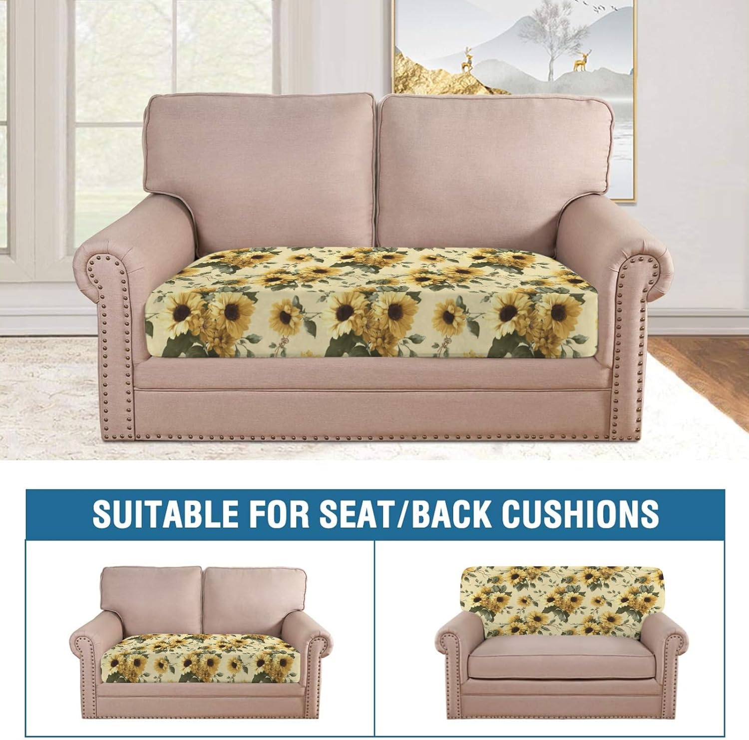 Spring Sunflowers Art Loveseat Covers Couch Covers for 2 Cushion Couch, 2-Piece Stretch Sofa Slipcovers Anti-Slip Washable Furniture Protectors for Dogs Pets