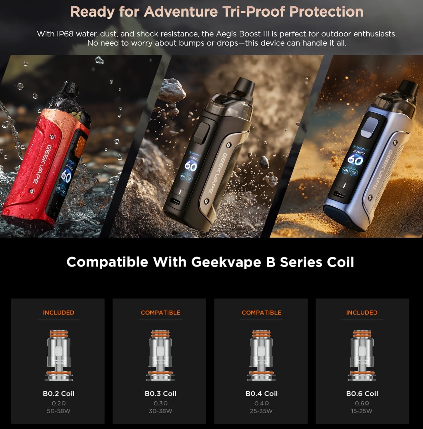 GEEKVAPE Aegis Boost 3 Kit 60W | Aegis Boost III 3 Mod 3000mAh Batterie + 5ML GEEKVAPE B60 Aegis Boost 2 Cartouche Fit B Coil | Sans nicotine
