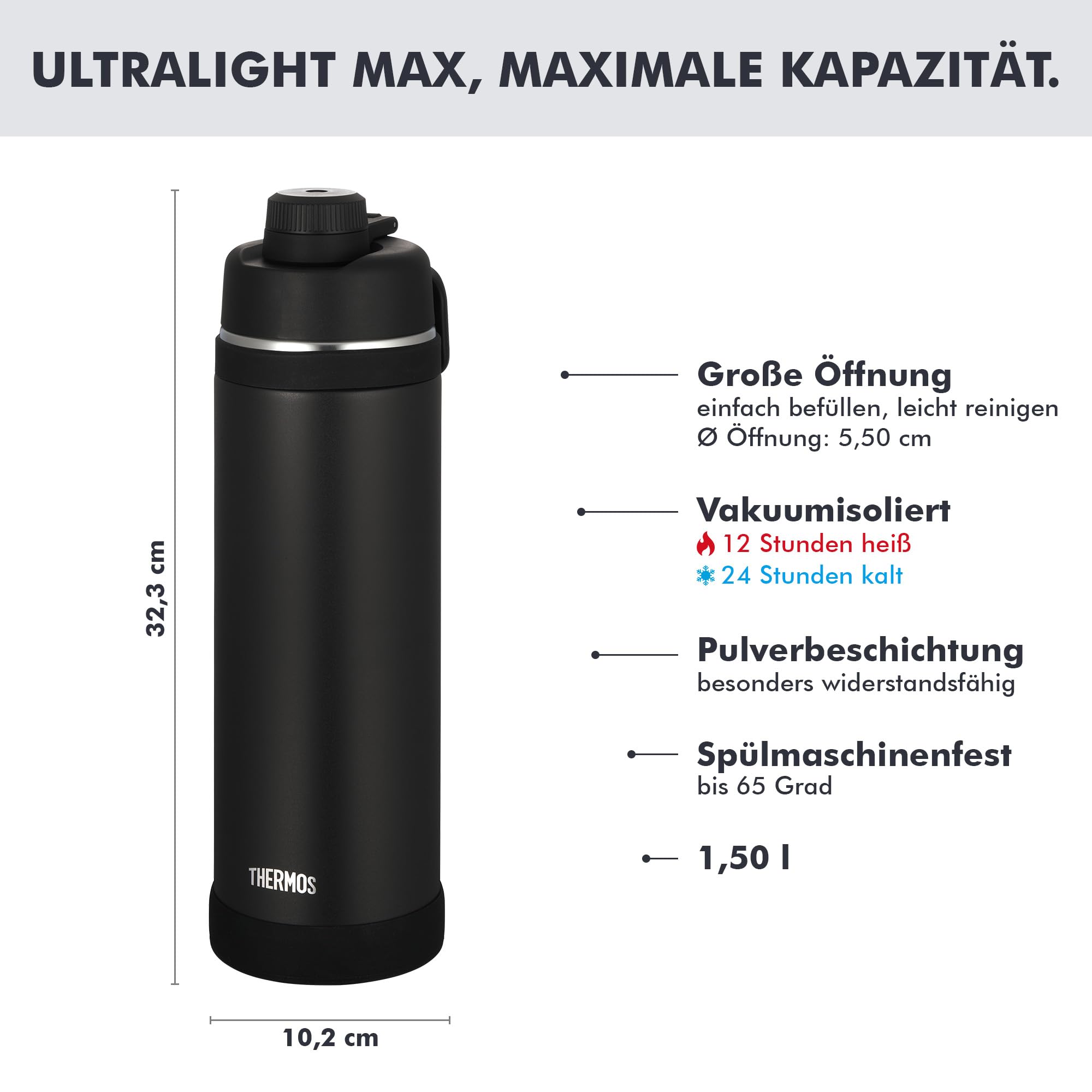 THERMOS ULTRALIGHT MAX Isolierflasche 1,50 l, 24 h kalt, black mat | 12 h heiß, ultraleicht, absolut dicht, Edelstahl-Trinkflasche mit Tragegriff, für Sport, Outdoor & Reisen, schwarz