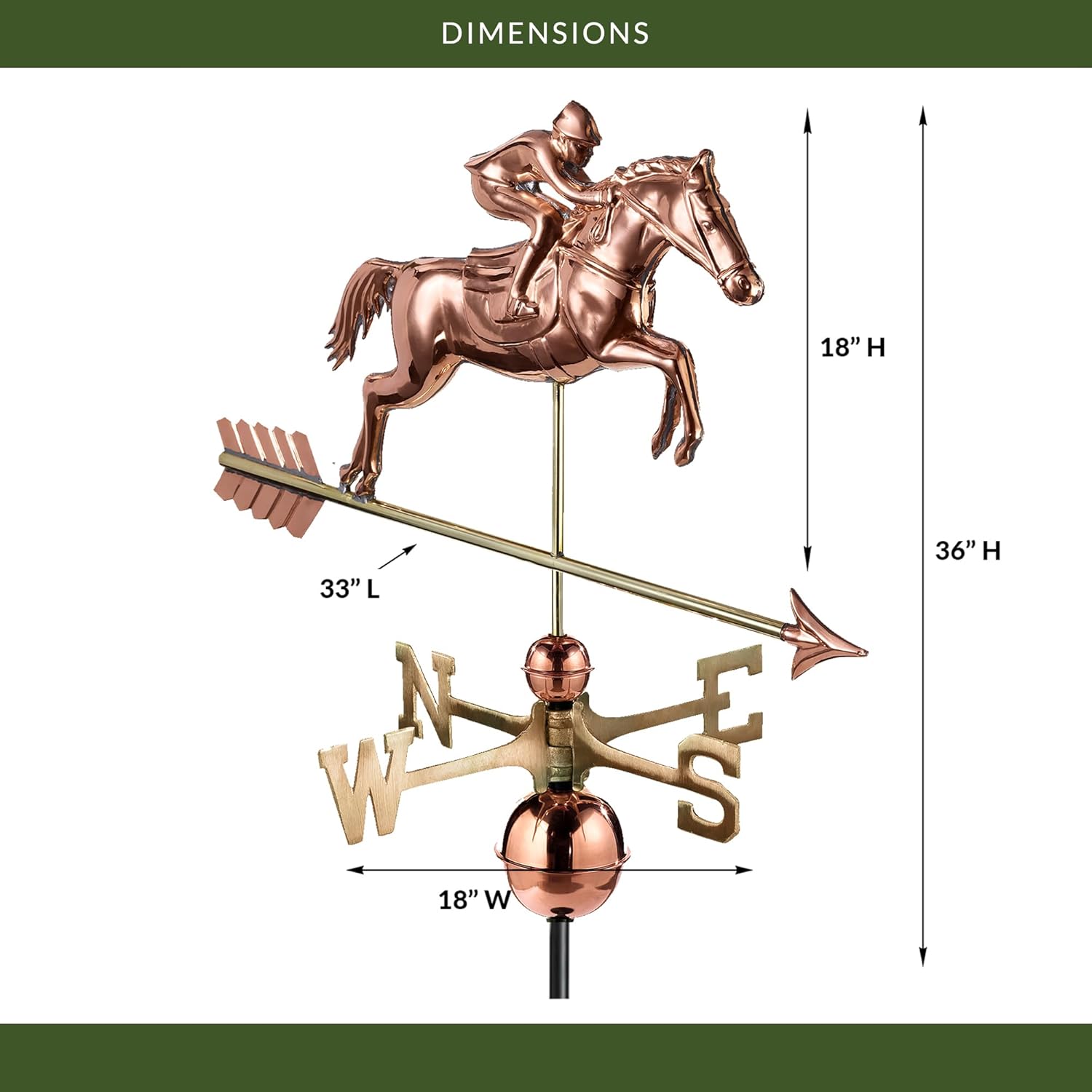 Good Directions Jumping Horse & Rider Weathervane, Pure Copper
