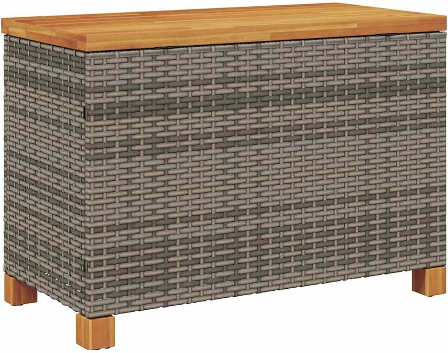 Gecheer Garden Storage Box with Acacia Wood Top, Grey Poly Rattan Outdoor Bench, 80x40x48 cm, Water-Resistant Interior Bag, UV-Resistant, Easy-Gas-Lift Lid