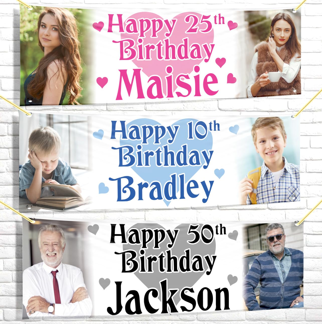 Personalised birthday banner Photo 2ftx6ft fabic Black Blue Pink party custom poster decoration celebration anniversary heart woman man boy girl children kids gift-18th 20th 30th 40th 50th 60th 70th