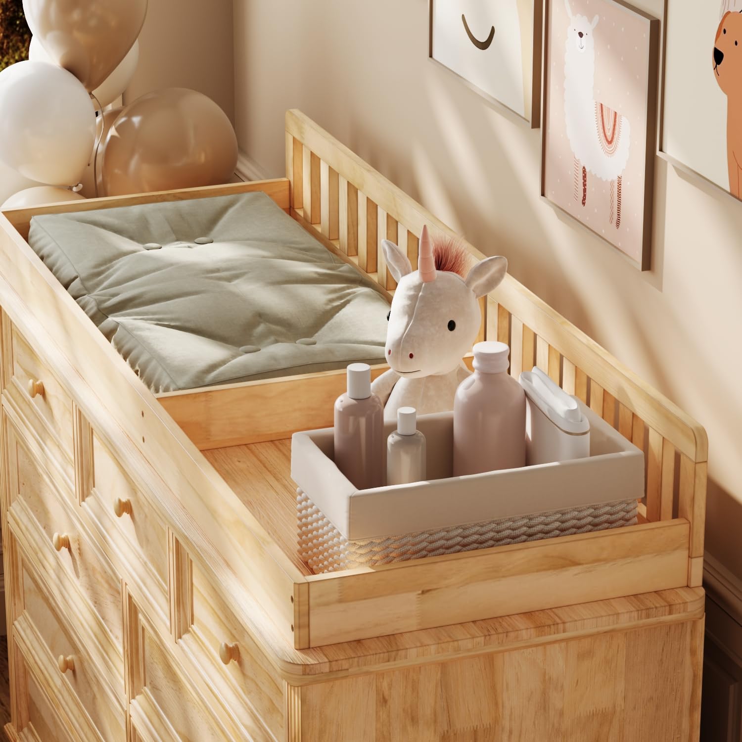 Cambiador grande de madera maciza, 9 cajones, borde extra alto, cómoda para pañales con gran espacio de almacenamiento, 140 × 48 × 102 cm, color natural