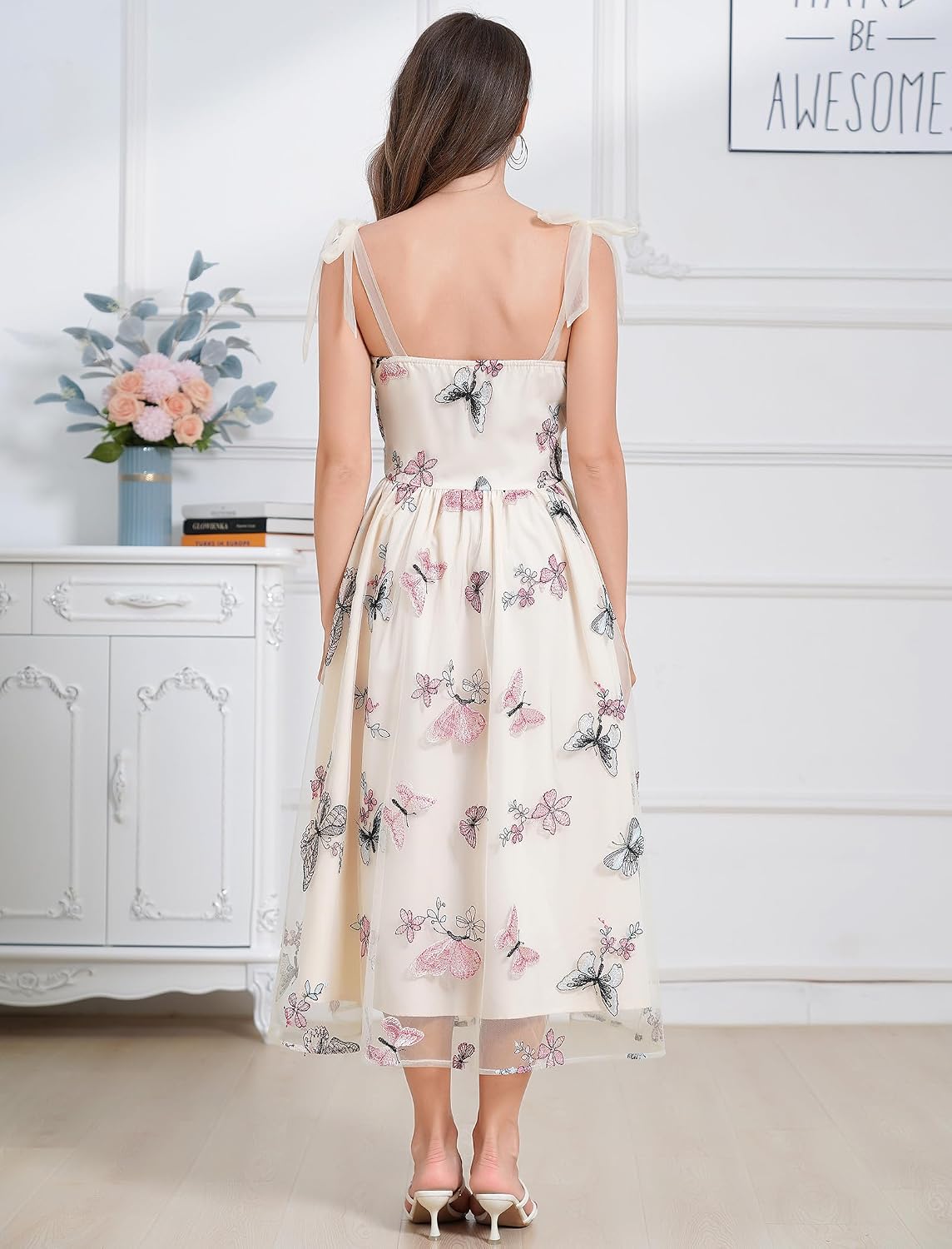 ODIZLI Butterfly Sleeve Dress for Women 1950s Retro Vintage Dress Sleeveless Tie Strap Embroidered Dress