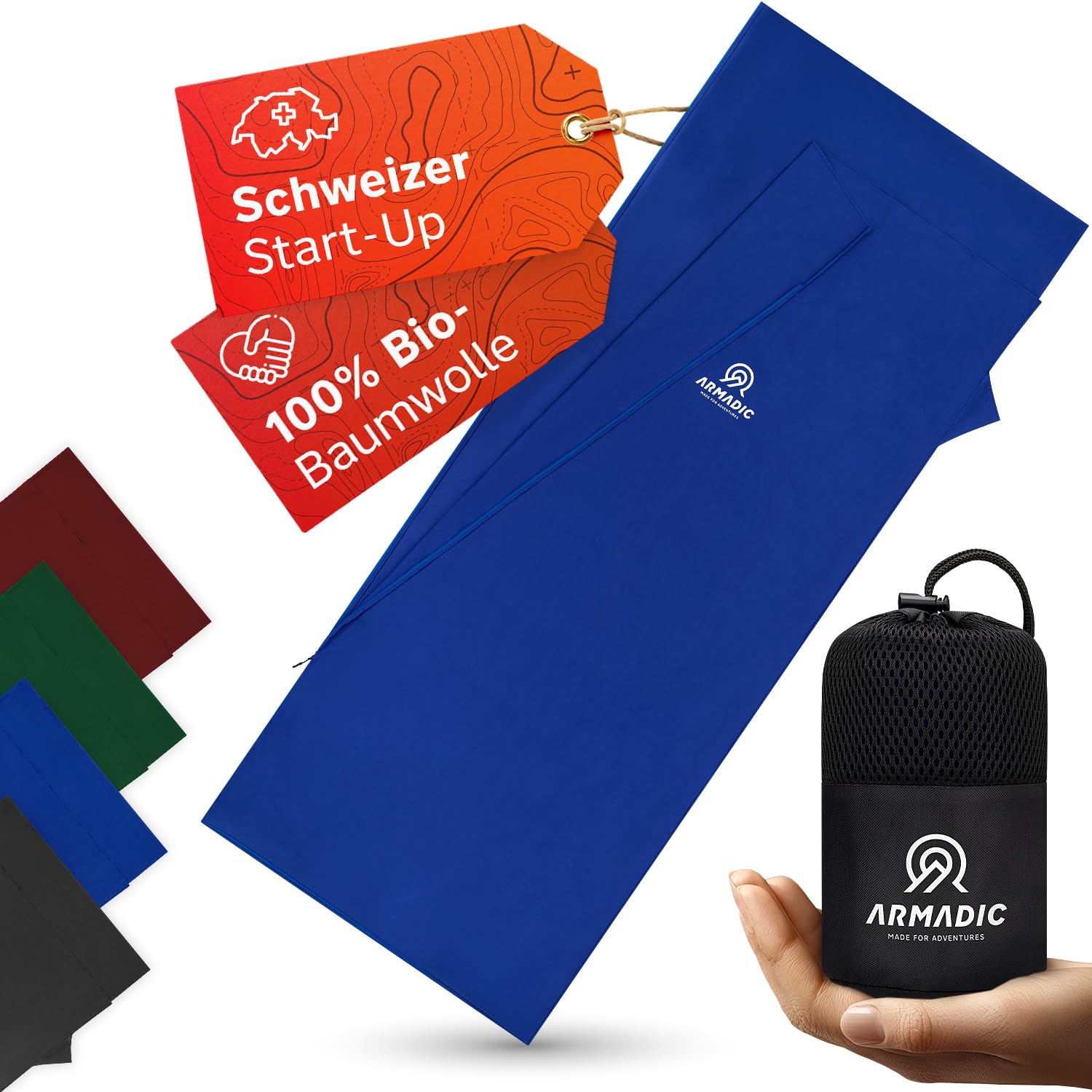 Armadic 100% Organic Cotton Sleeping Bag with Zip (Only 370 g) - Ultra Light, Small and Thin Travel Sleeping Bag, Sleeping Bag Liner, Ideal for Backpacking, Hostels and Mountain Huts (Blue)