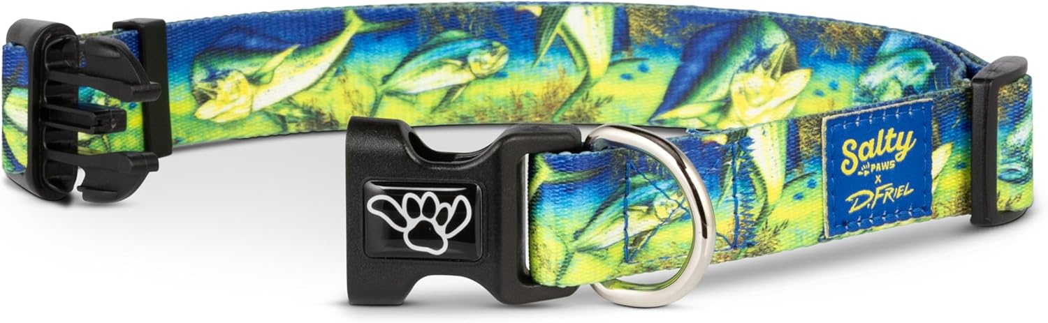 Salty Paws Mahi-Mahi D. Friel Fishing, Beach, Boating, Tropical Dog Collar (Medium Collar Adj. 14-20" for Dogs 25-50 lbs, Mahi-Mahi Fish Print)