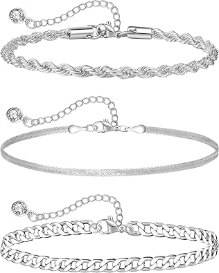 Sterling Silver Ankle Bracelets for Women Strong Lobster Clasp - Cuban Link, Figaro, Rope, Flat Mariner, Snake Herringbone, Satellite, Paperclip - Summer Beach Waterproof Silver Anklet