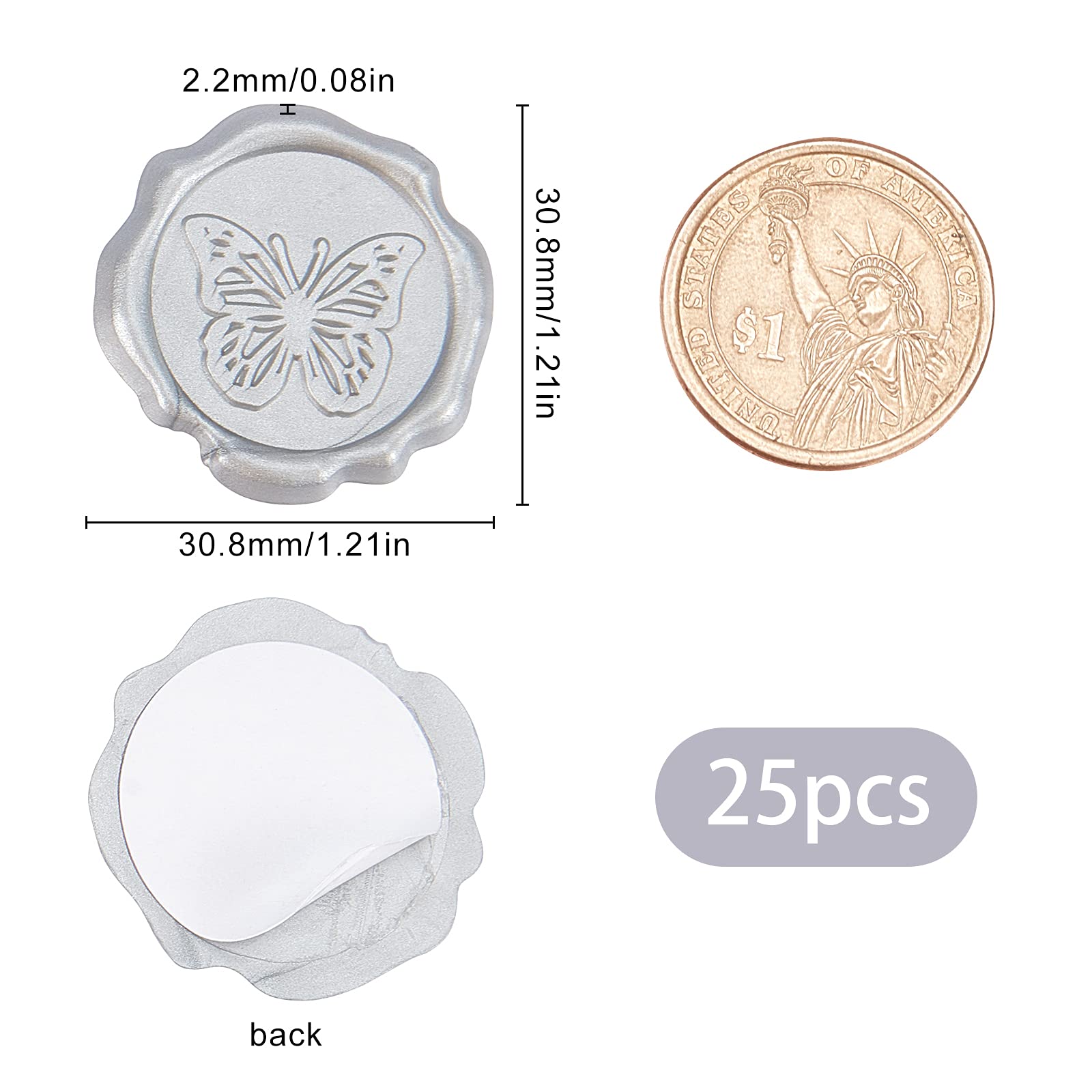 CRASPIRE Butterfly Wax Seal Stickers - Silver 25PCS Adhesive Wax Seals Decorative Stamp Stickers for Decor, Wedding Invitation Envelopes, Craft, Scrapbook, Party, Gift