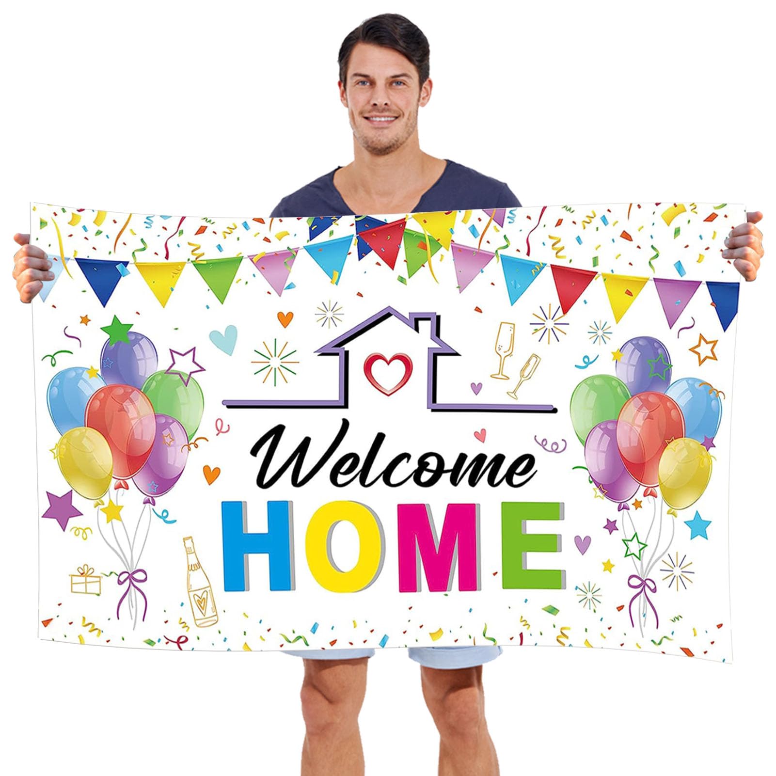 Welcome Home Banner Welcome Home Backdrop Decorations Background Photo Booth Picture Vivid Digital Print Colorful Celebrate Decor for Family Party Baby Showers Supplies, 5ft x 3ft