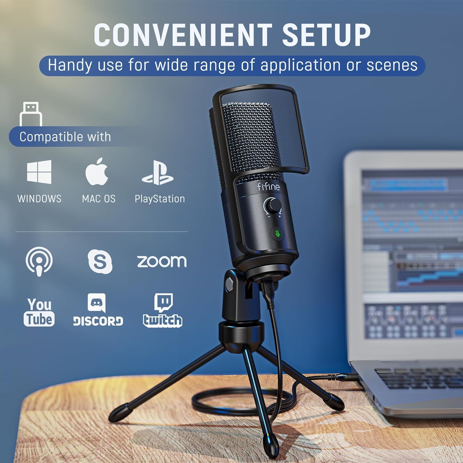 FIFINE Microfono USB per podcast, microfono a condensatore per PC Plug & Play, kit microfono con braccio a braccio, diaframma grande da 16 mm, pulsante mute per registrazione canto, streaming, YouTube