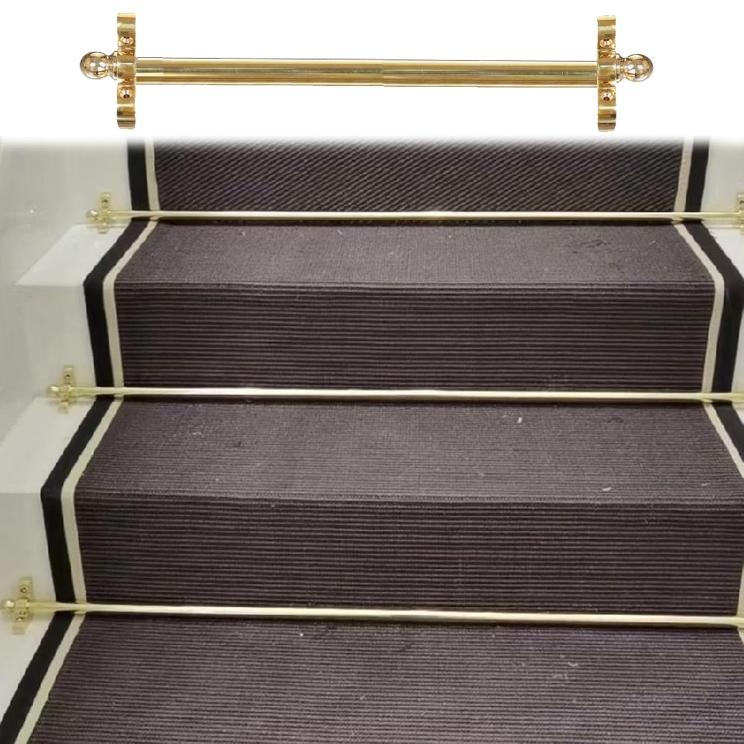 1/2 Inch Staircase Treads Rods with Spherical Finial and Brackets, 5 10 13 Pcs Brass Stair Rods or Carpet Runners Renovation, Vintage Tubular Bar(Brass-13pack,40cm/15.7in)