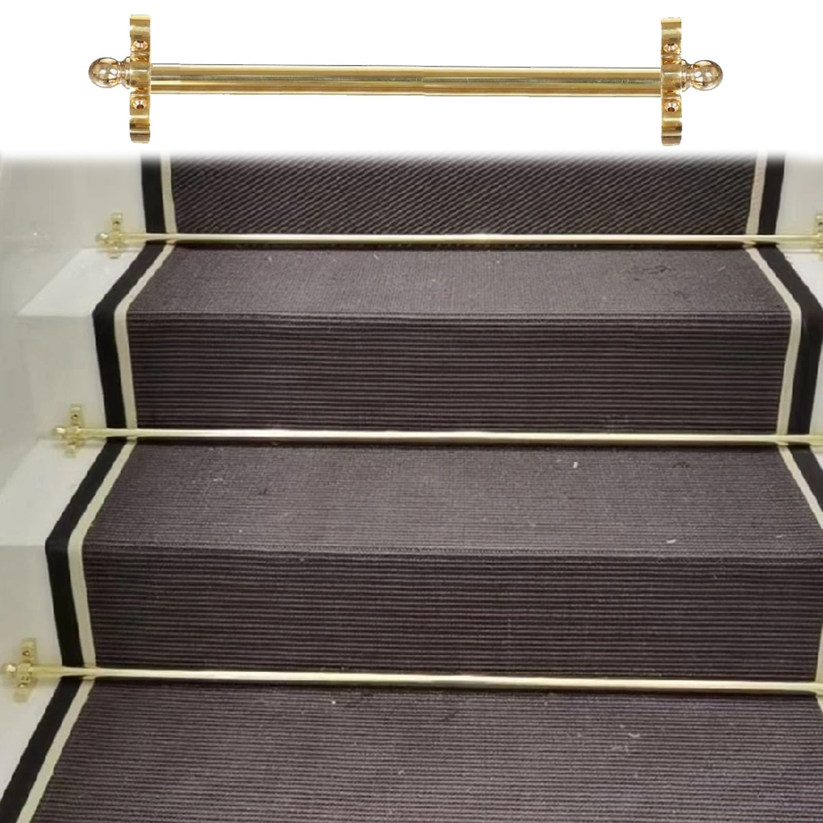 Barras de alfombra de latón elegante con remate esférico y soportes vintage para escaleras de lujo