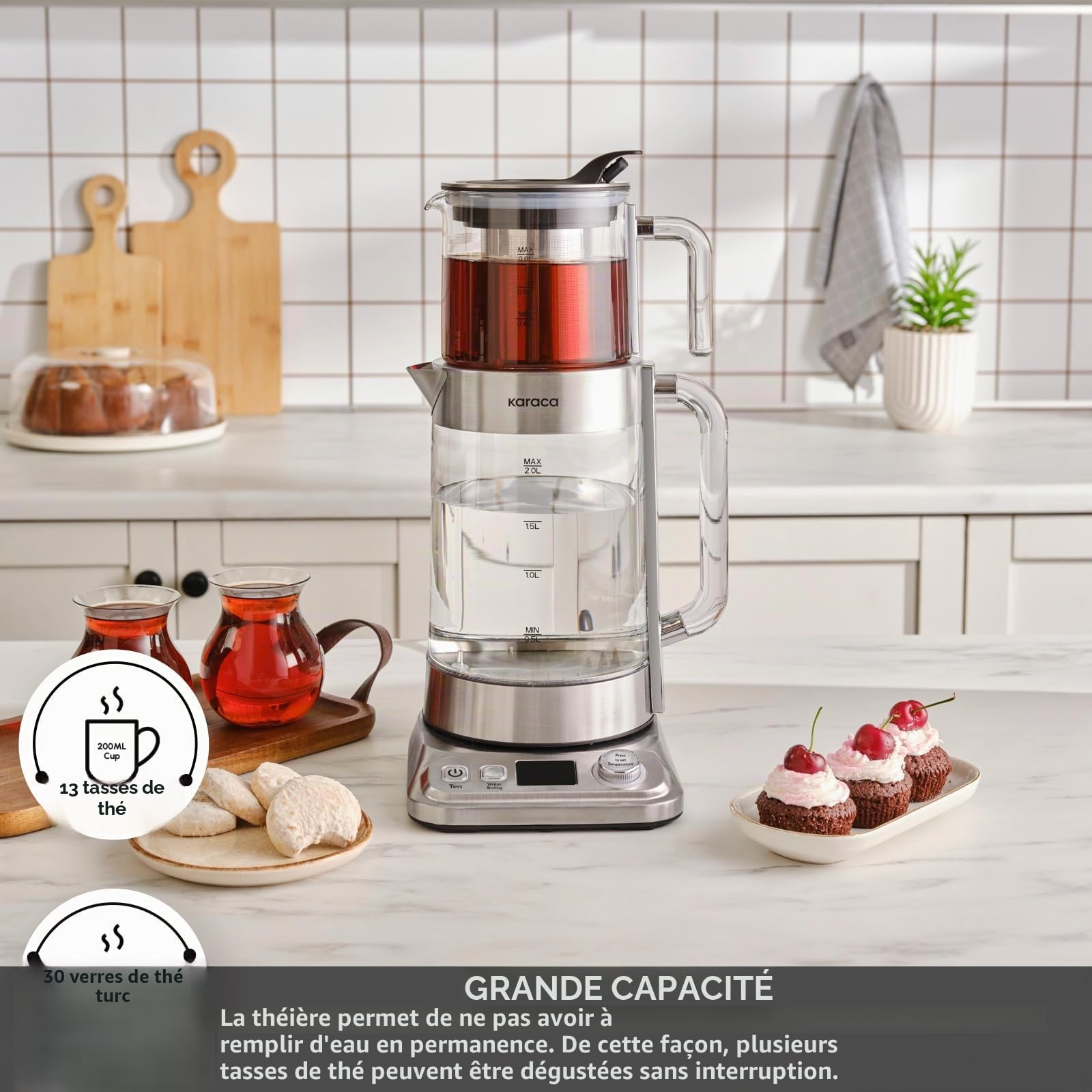 Karaca X Refika XL - Théière automatique et caydanlik - Bouilloire de 2 l et théière en verre de 0,8 l - Multi-température - Mode Eco - 2200 W - Pour famille et invités - Chromé