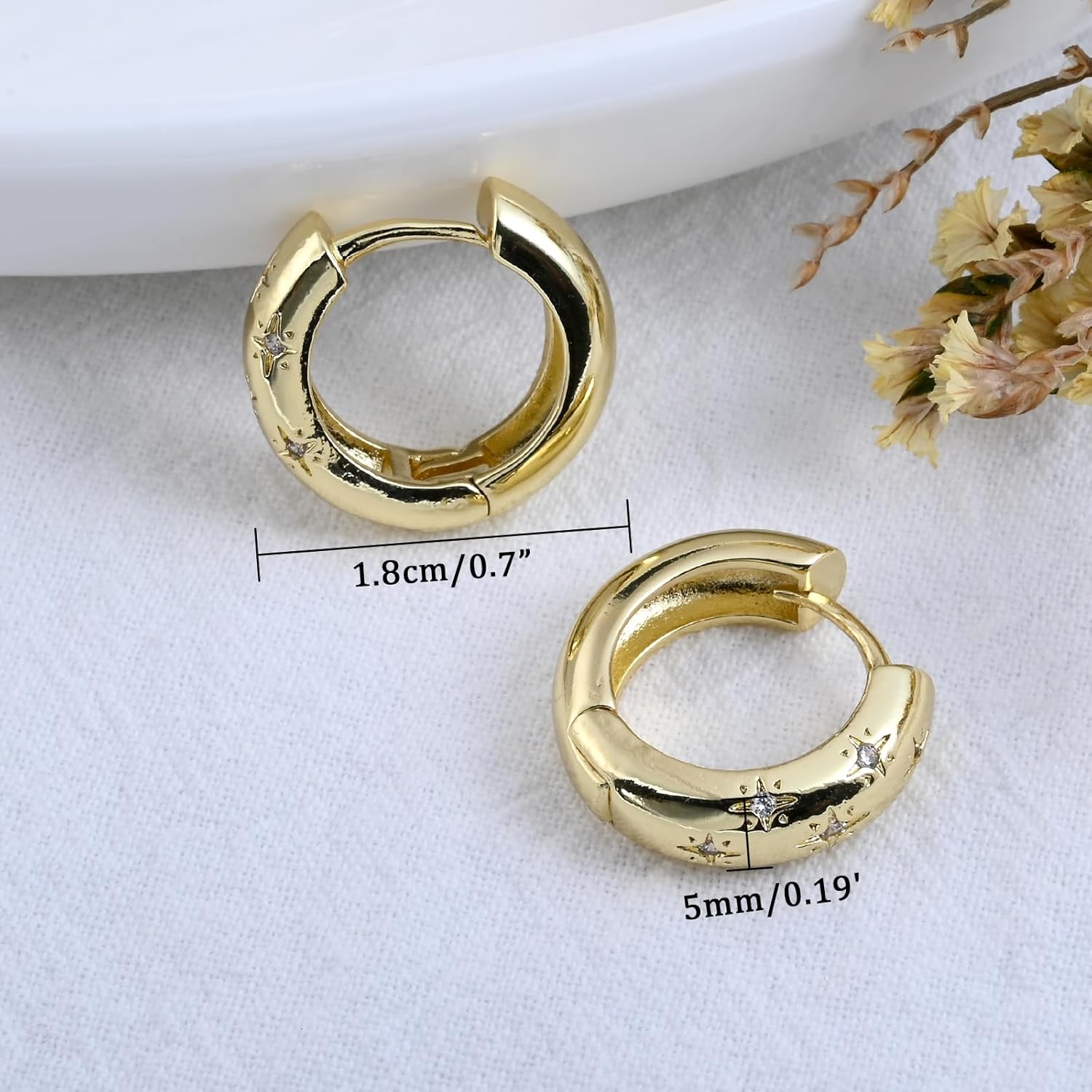 Gold Plated Chunky Huggie Hoop Earrings for Women, Star Designed CZ Small Thick Hoop Earrings - Image 5