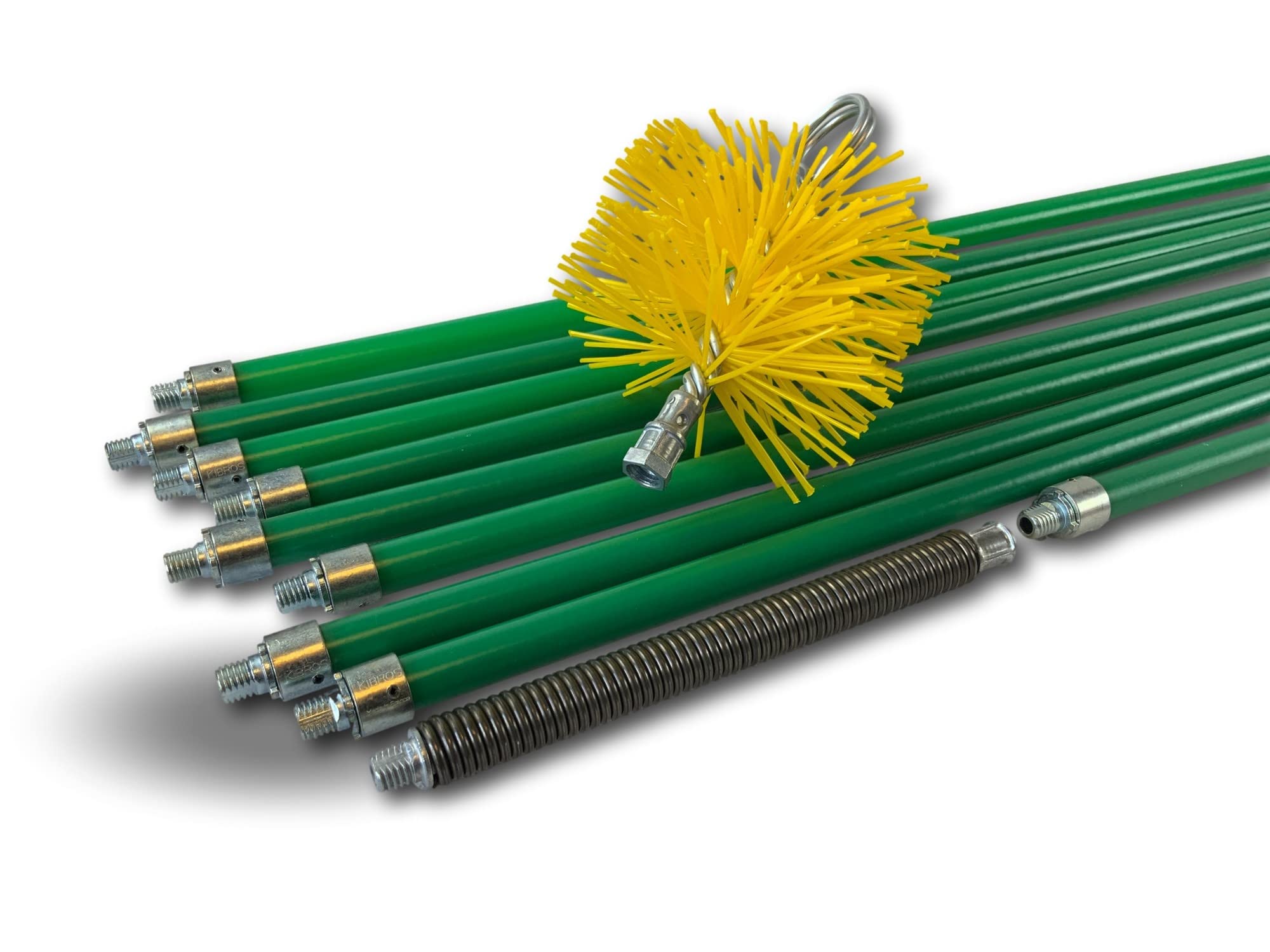 Kit profesional de limpieza para conductos revestidos | Cepillo sintético | Ø 125 mm | 12 m con 9 varillas autobloqueantes Ø 18 mm huecas | Resorte de inicio | Chimeneas | Kibros 5KIT125NLO