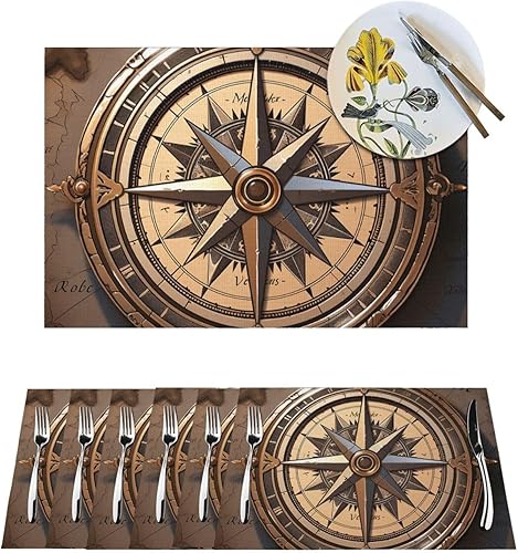 6 PCS PVC Placemats Set Place Mats Compass Wind Road Map Non-Slip Weave Place Mats 12" x 18" Farmhouse Table Mat Set for Family Dinners Wedding