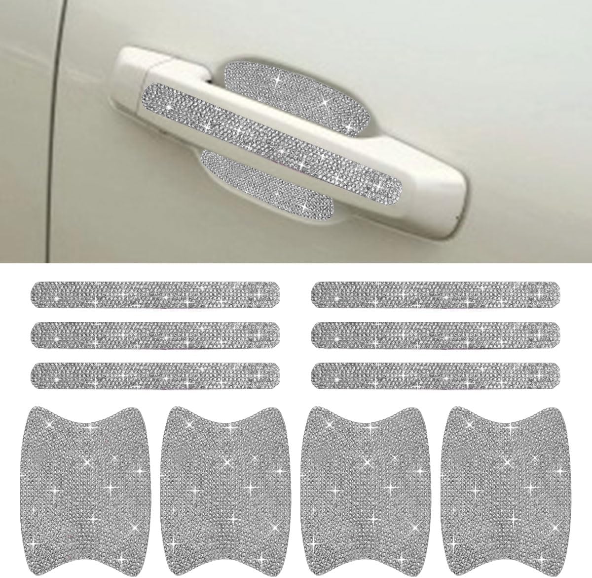 ZIMISI 10PCS Bling Car Door Handle Protector, Crystal Rhinestone Anti-Scratch Car Bowl Decoration Sticker Decal, Universal Auto Exterior Door Protective Covers Accessories for Women (White)