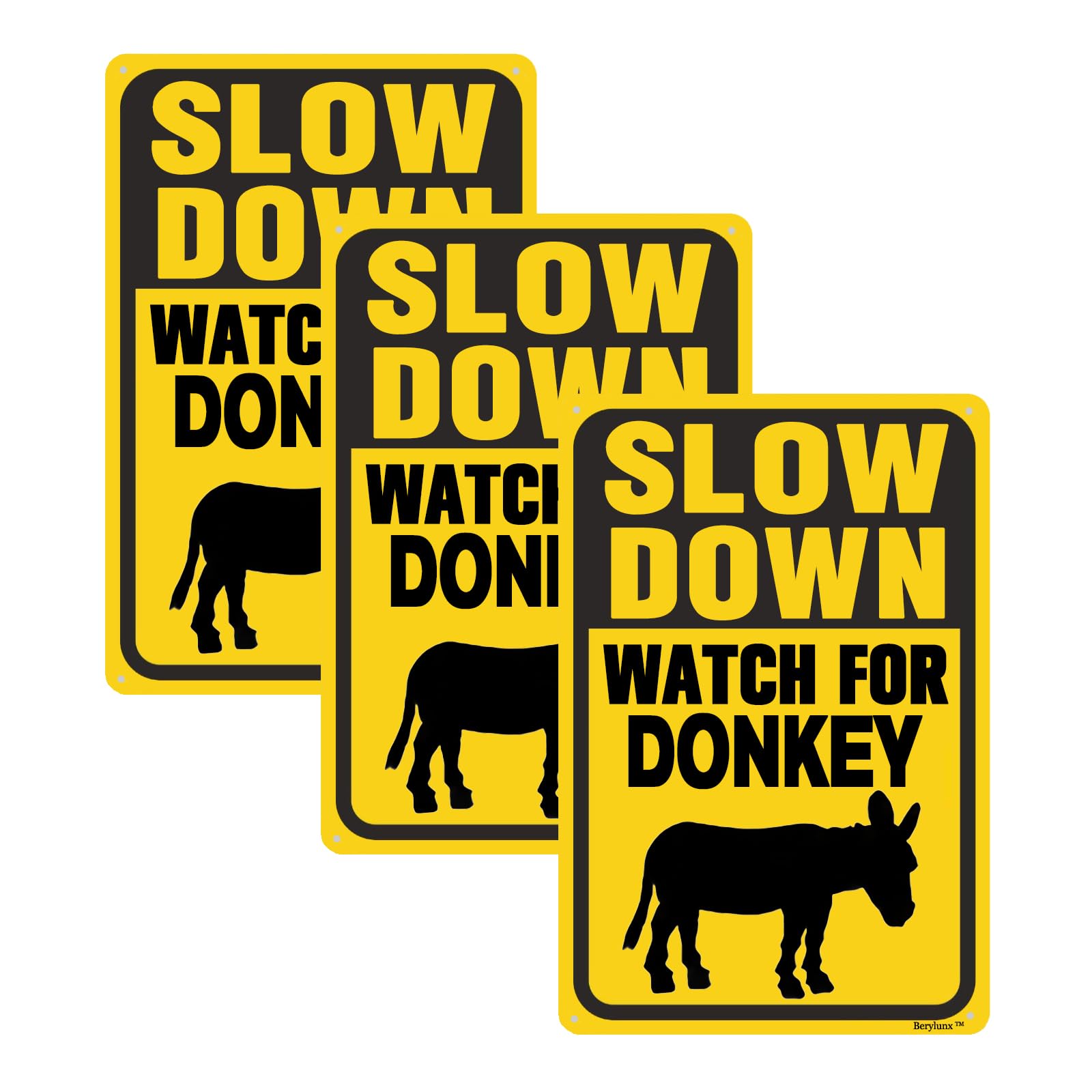 3 Pack Slow Down Sign,Please Slow Down Sign, Outdoor Warning Signs, "Watch For Donkey "8"x12" Aluminum Sign