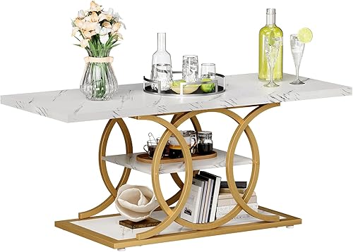 Miniatura 7 de GiftGo Mesa de café rústica con almacenamiento moderna de 3 niveles, mesa central para sala de estar de mármol falso, mesa de cóctel y té de madera