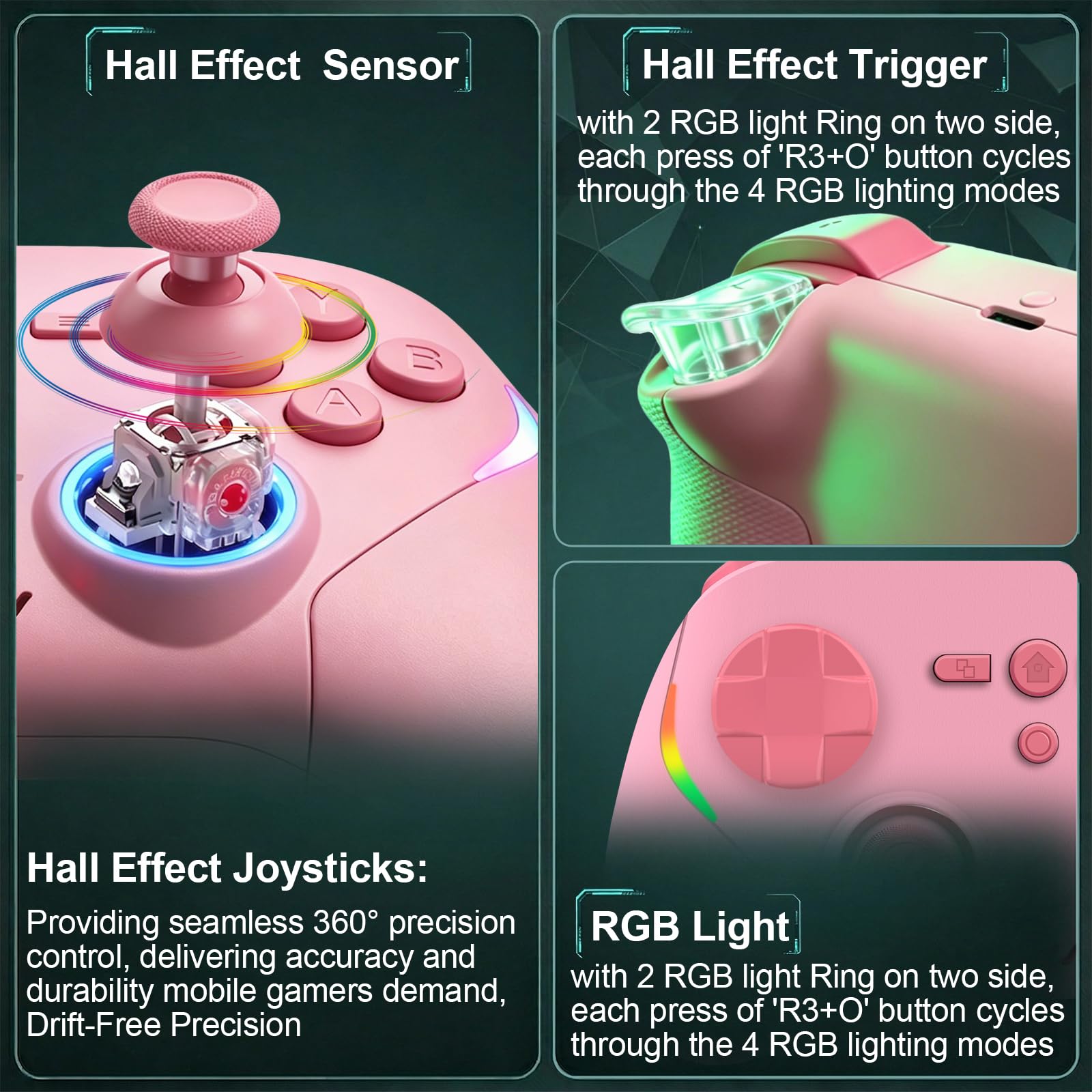 Megadream Wireless-Controller für iPhone/Android/Switch 2/Switch/PC, Smartphone-Gamepad mit Hall-Effekt-Joysticks/Trigger/Turbo/RGB-Beleuchtung, für Genshin Impact, COD (Rosa)
