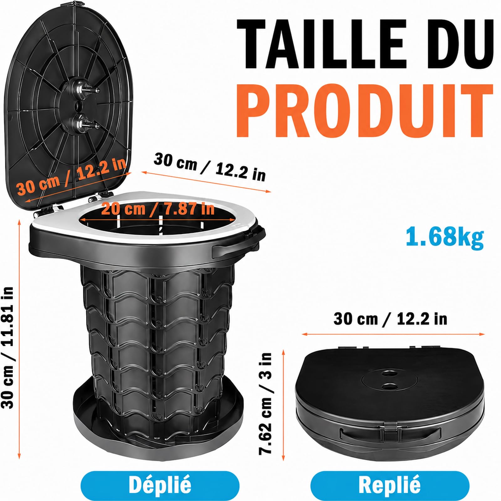 Toilette de Camping Portable Pliable pour Adultes et Enfants, WC Voyage Ajustable en Hauteur avec 20 Sacs et Sac de Transport, Seau de Toilette Compact pour Randonnée, Voiture, Pêche, Camping-car