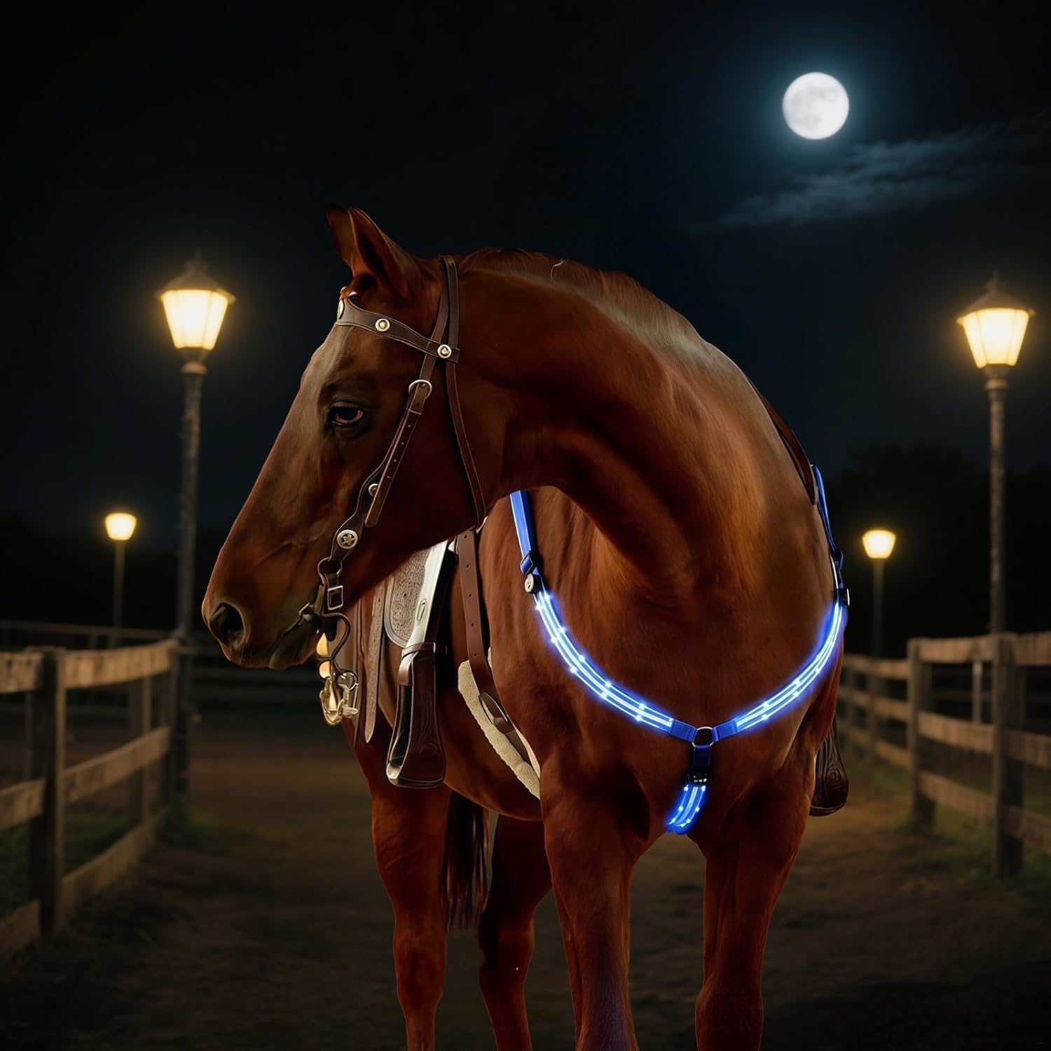 Adjustable Nylon Led Horse Breastplate, Usb Rechargeable And Waterproof, Great For Parades And Night Riding, Blue Light, Multiple Sizes Availability