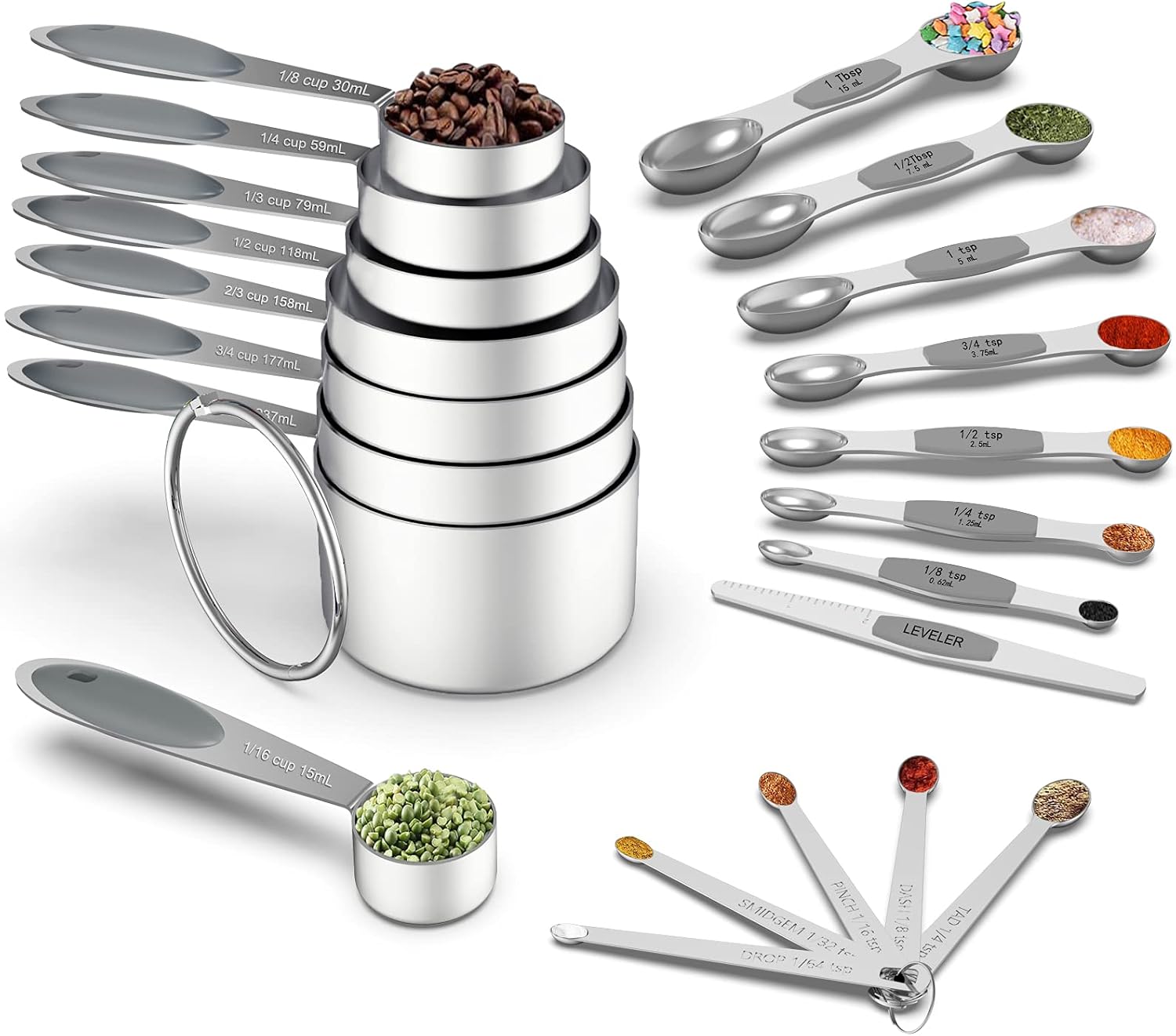 Measuring Cups and Magnetic Measuring Spoons Set, Wildone Stainless Steel 8 Measuring Cups, 7 Double Sided Stackable Magnetic Measuring Spoons, 1 Leveler & 5 Mini Spoons - 21 Piece Gray