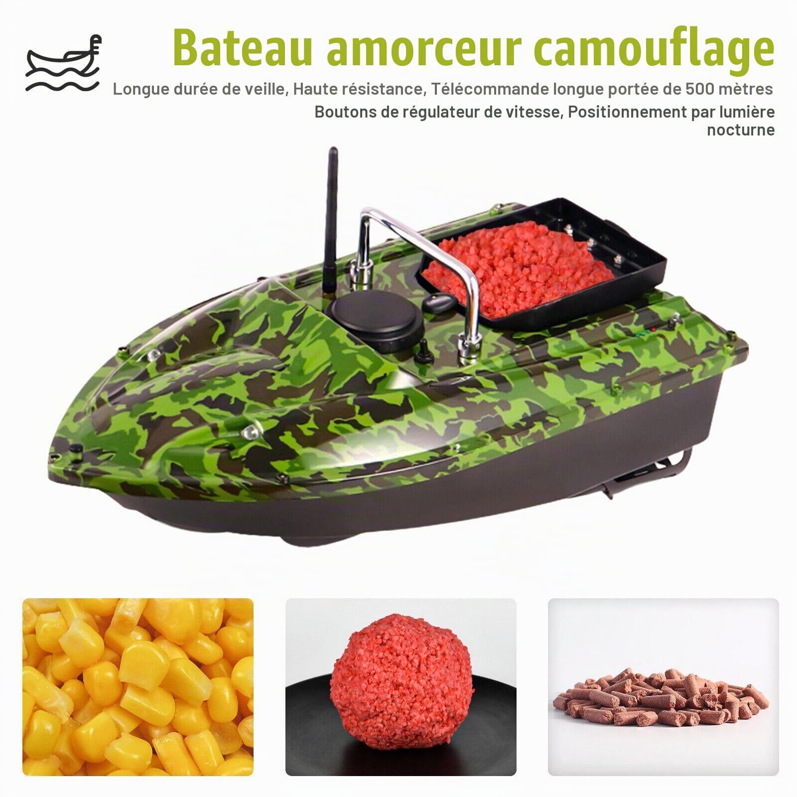 Bateau d'appât de pêche 500m Telecommandé sans Fil Pêche Bateau Amorceur avec Lumière LED avec 2 x Moteurs 1.5KG pour pêche de Nuit