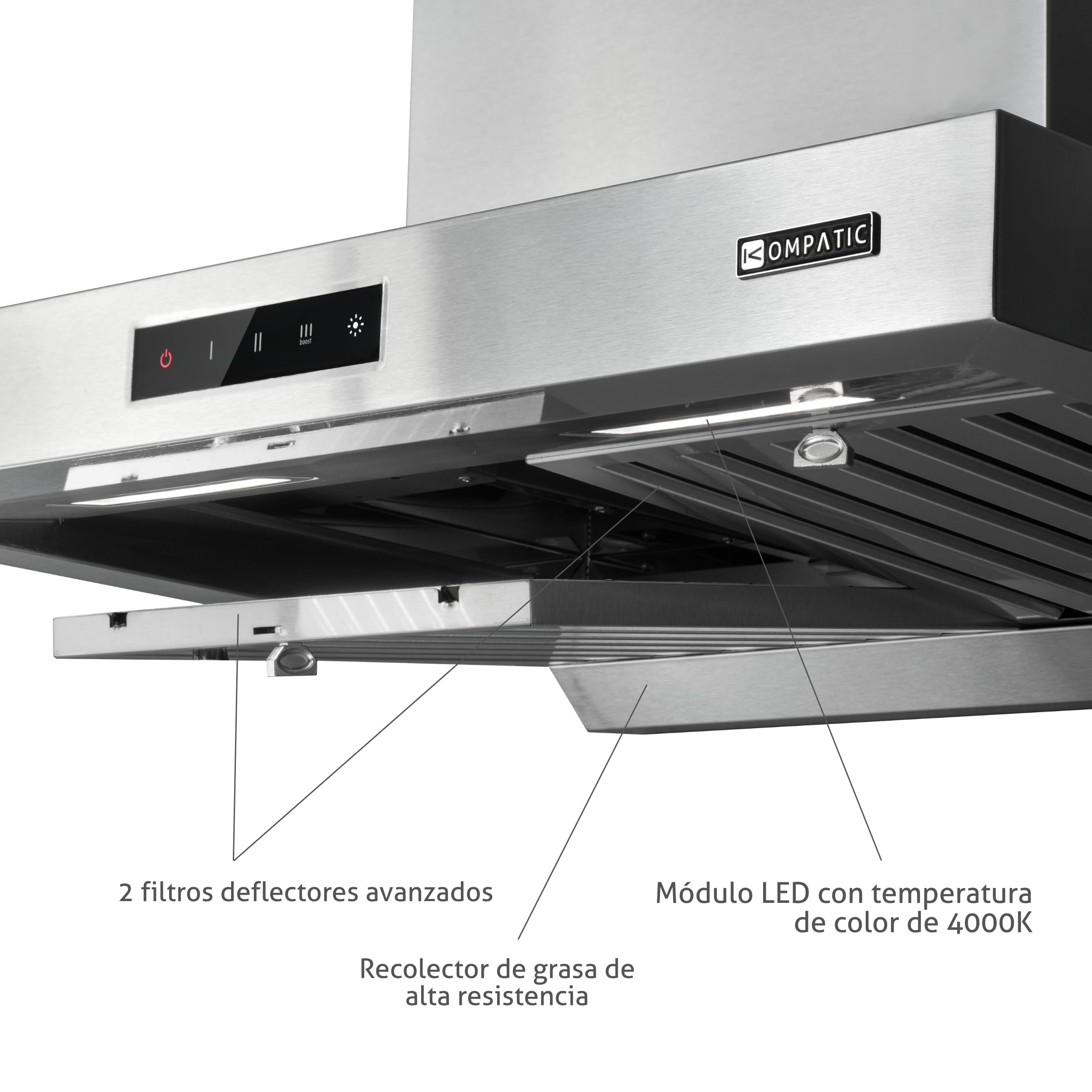 Campana Extractora de Pared Kompatic Form 60 KF60WPS, 60 cm, 800 m³/h, Clase A++, Motor Brushless, Filtros Baffle, Control Táctil, LED, 3 Velocidades + Boost, Negro Mate (Acero inoxidable, 60 cm)