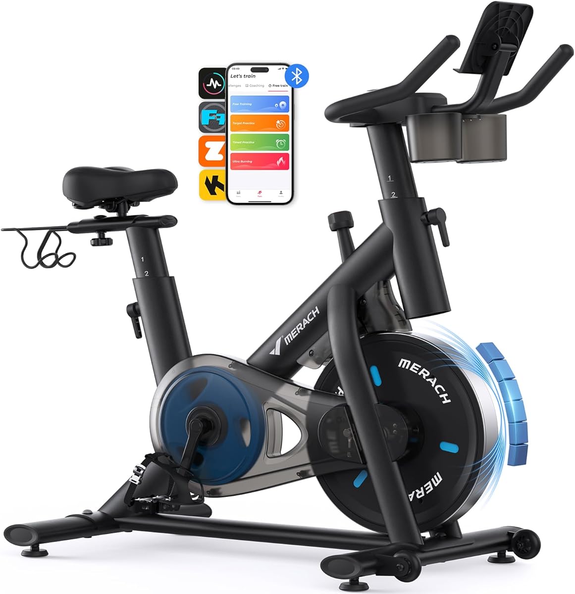MERACH Bicicleta Estática en Casa con Resistencia Ajustable, Bicicleta Estatica Silenciosa con Monitor LED, Cómodo Cojín de Asiento, App Propia, Capacidad de 136 kg, Entrenamiento Aeróbico