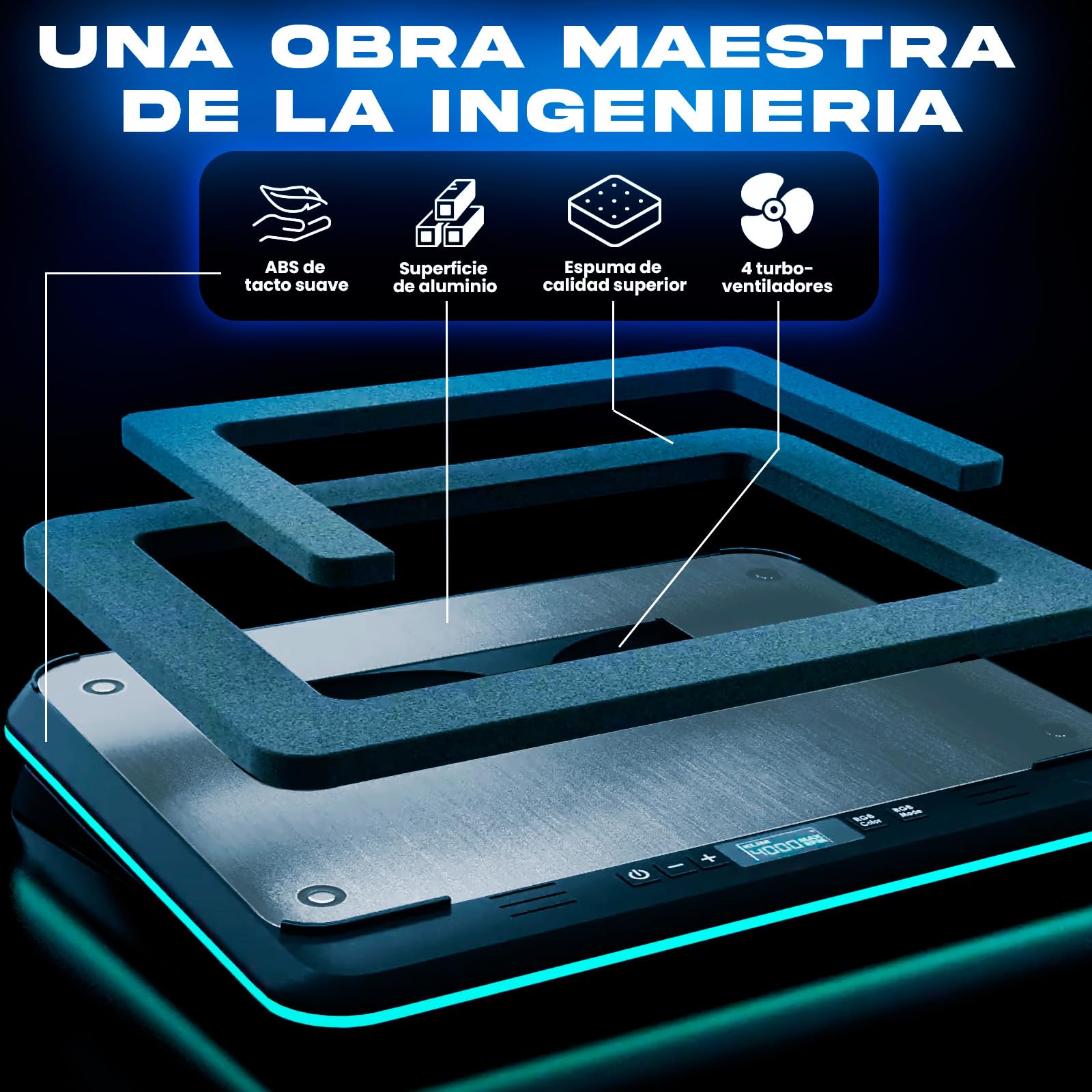 KLIM Turbofrost Base Refrigeradora Portátil - 4 ventiladores x 4000 RPM - 4 puertos USB, espuma sellada, Ventilador para Portatil RGB, Base Portatil refrigeracion - Compatible hasta 17" - Espacio Gris