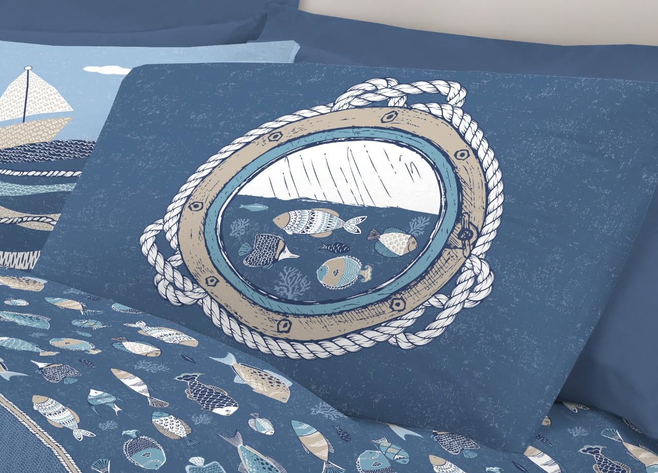 BIANCHERIAWEB Completo Lenzuola Letto Pensieri Delicati 100% Cotone Disegno Oceano Matrimoniale Blu