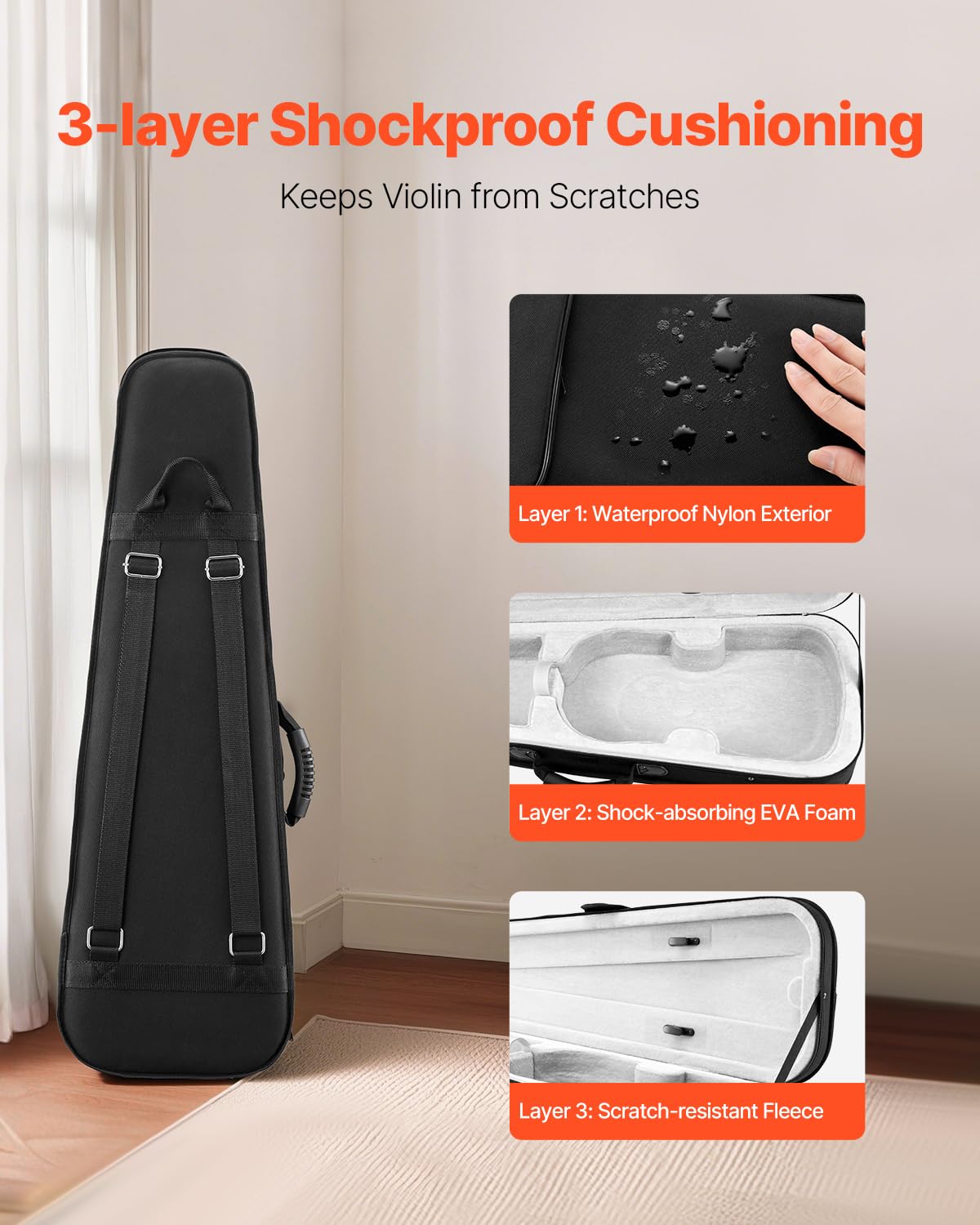 VEVOR Étui pour Violon 4/4, en Nylon, Léger et Portable, Doublure en Peluche, Double Bandoulière, Anti-Rayures, Forme Triangulaire Professionnelle, Transport Confortable à l'Épaule ou à la Main, Noir