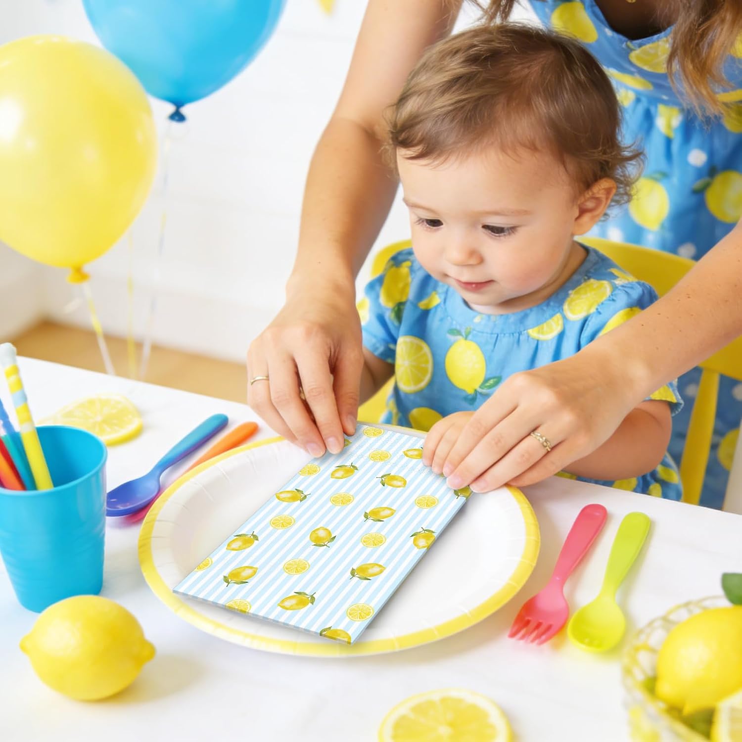 Whaline 50 Pcs Summer Lemon Guest Napkins Summer Disposable Dinner Napkins Blue Stripe Yellow Lemon Paper Hand Towels for Bathroom Home Party Table Supplies