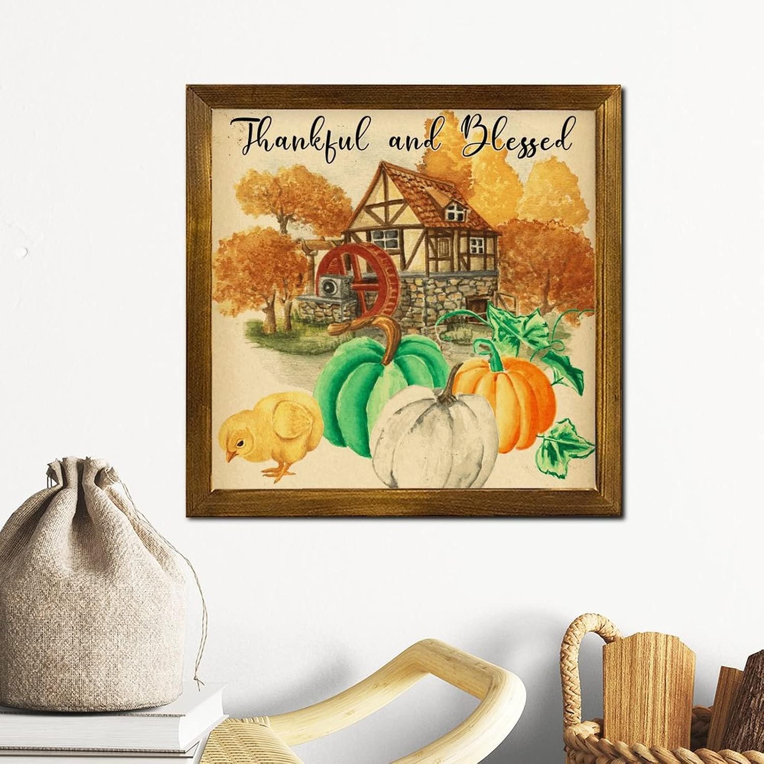 Thankful and Blessed Wooden Framed Signs Farm Pumpkin Rooster Sunflower Hanging Wall Art Sign Farmhouse Harvest Thanksgiving Hanging Wall Signs Decor for Home Bar Room Garage Bedroom 12x12 inch