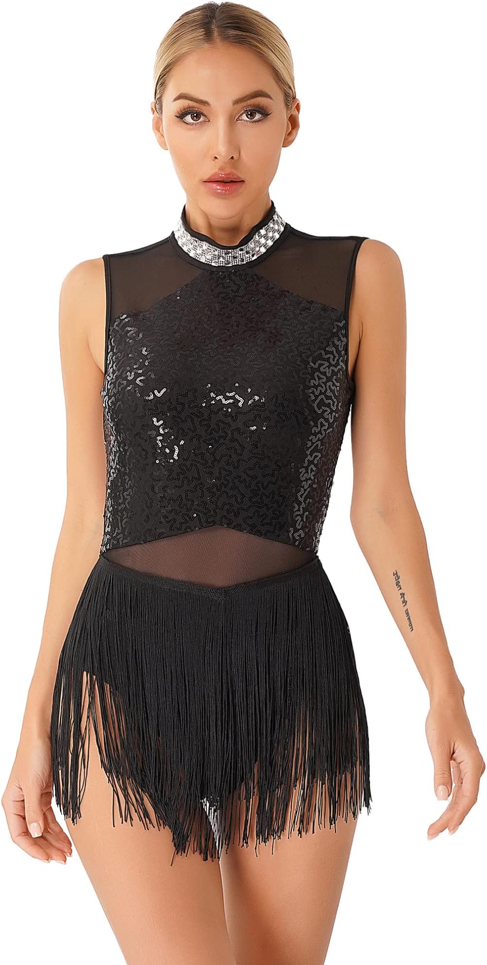 FEESHOW Women Fringe Leotard Sequin Leotards Shiny Tassel Latin Dance Costumes Jazz Dance Tops Bodysuit