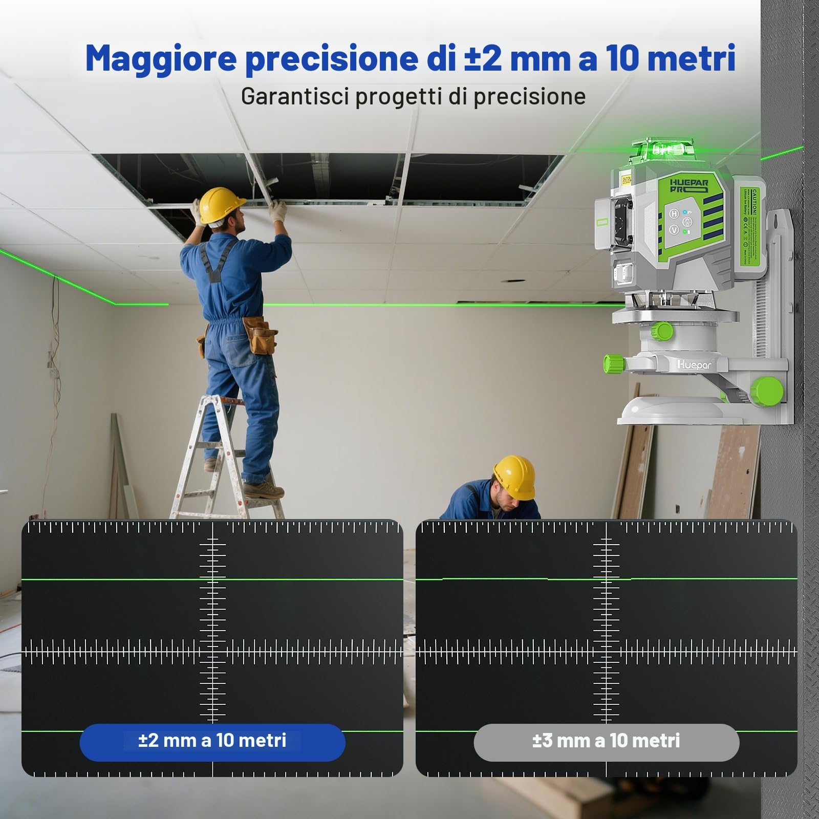Huepar Pro Livella Laser Autolivellante Professionale 16 Linee, 4 X 360° Livello Laser Verde, Preciso Con Batteria agli Ioni di Litio da 8000mAh, Supporto Multifunzione e Custodia Rigida ZK04CG