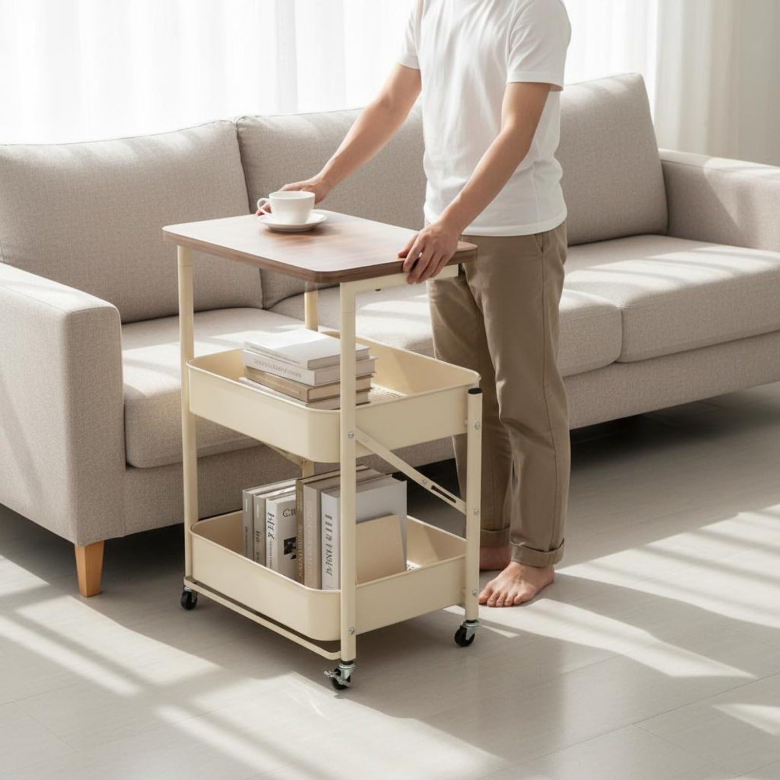 Jiuvaso Carrello Pieghevole Carrello Portaoggetti 3 Ripiani Carrello Portarotelle con Ripiano Superiore in Legno E a Filo Pieghevole Salvaspazio con Ruote, Bianco Crema