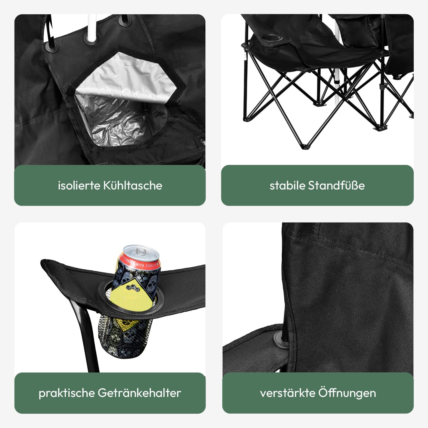 2er Partner Camping Stuhl mit Sonnenschirm und Kühlfach und Logo- Campingstuhl faltbar für Zwei Personen - Klappstuhl Camping - Campingstuhl Angelstuhl als Doppelsitzer
