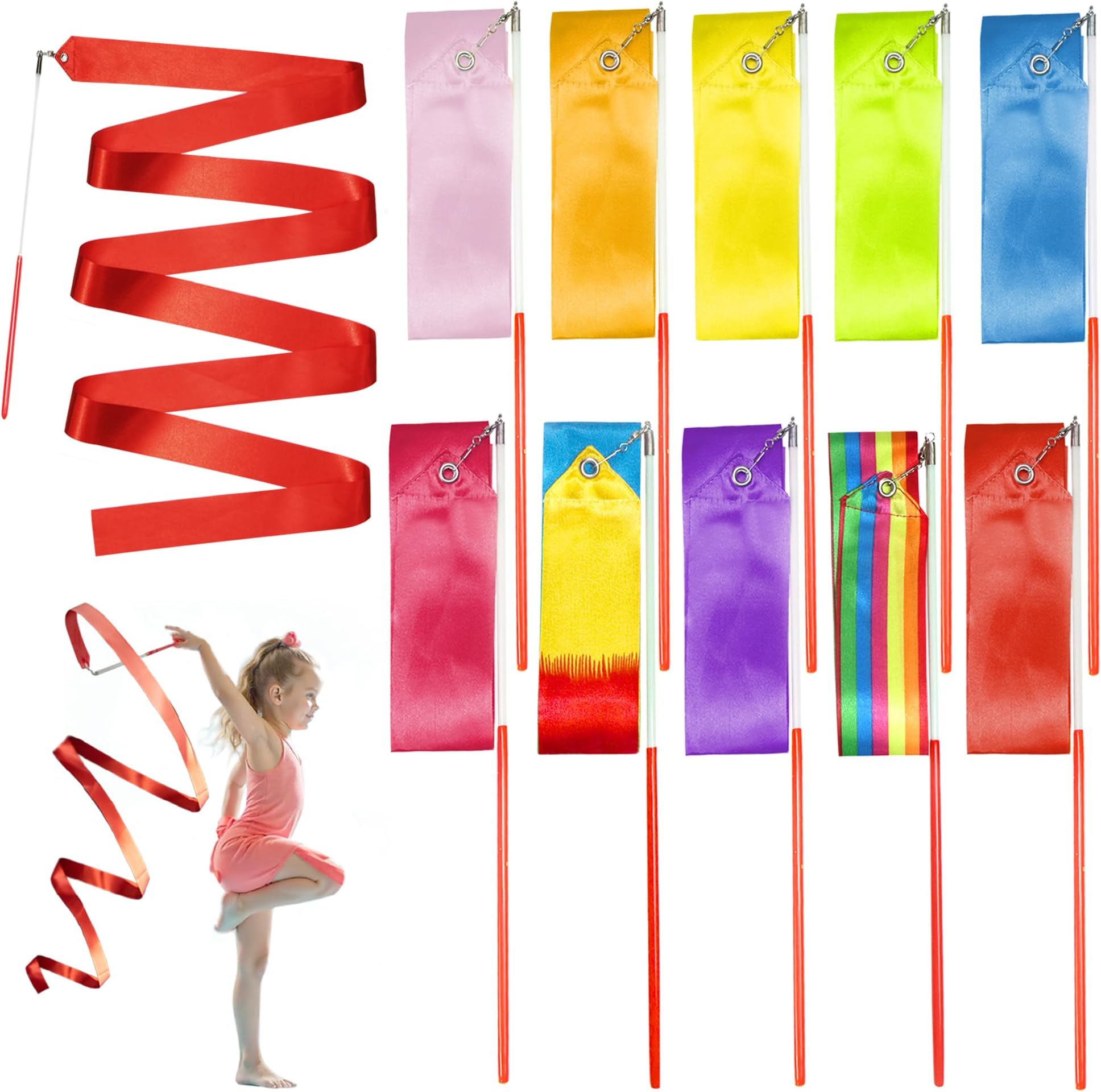 10pcs Dance Ribbons Streamers -2m Unisex Children Kids' Gymnastics Dancing Ribbon Wands - Perfect Rhythm Sticks for Talent shows, Artistic Dancing, Baton Twirling (10 Colors)