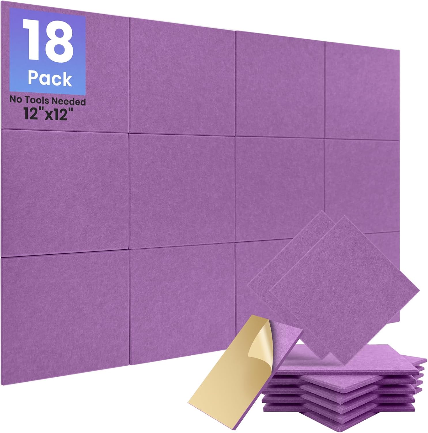 Focusound 18 Pack Sound Proof Panels for Walls, Self-Adhesive Acoustic Panels Sound Absorbing, 12" X 12" X 0.4" High Density White Square Soundproof Wall Panels