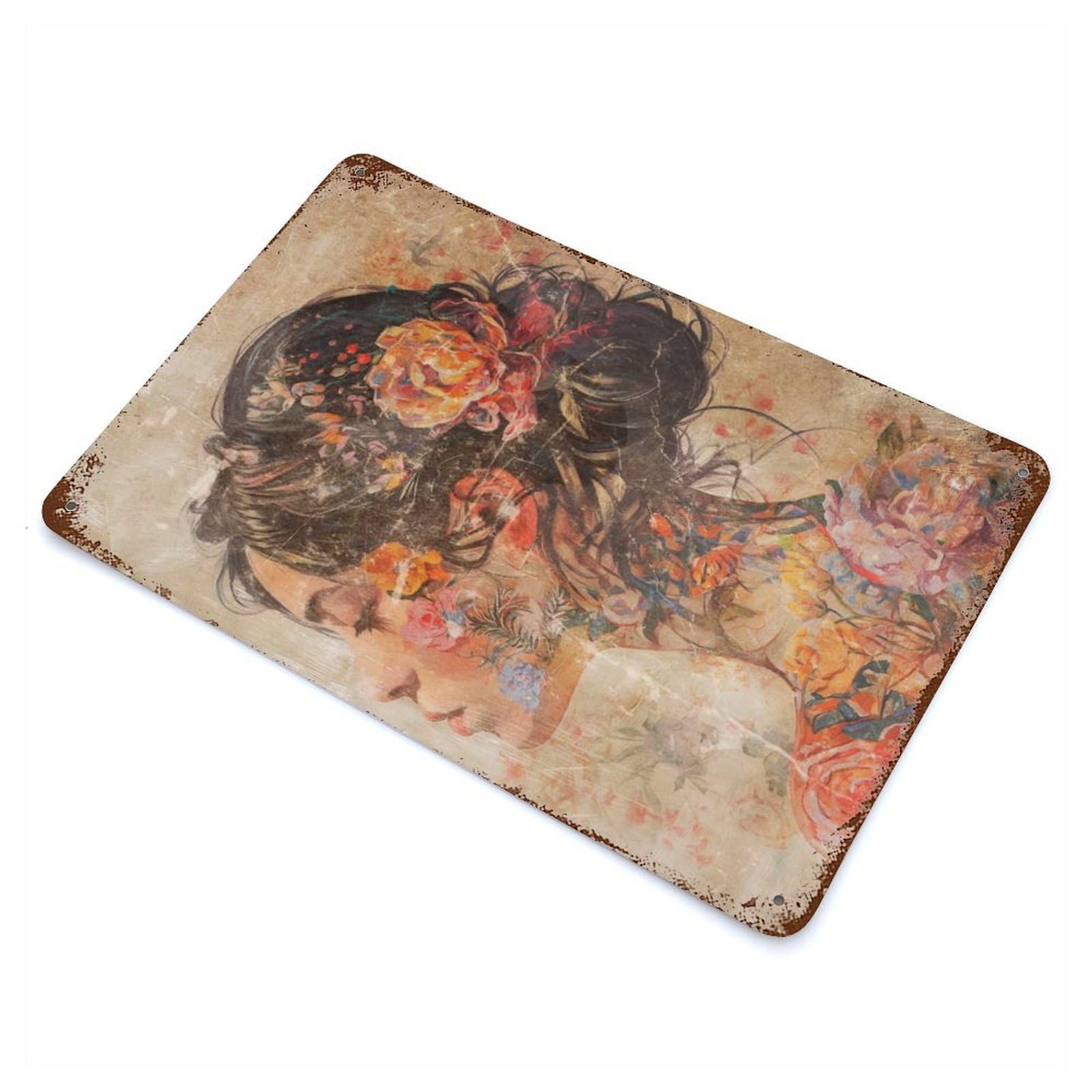 Rust Effect Floral Portrait Vintage Rust Metal Sign 11.8"x7.9", Vintage Wall Decor for Garage, Bar And Workshop Decor