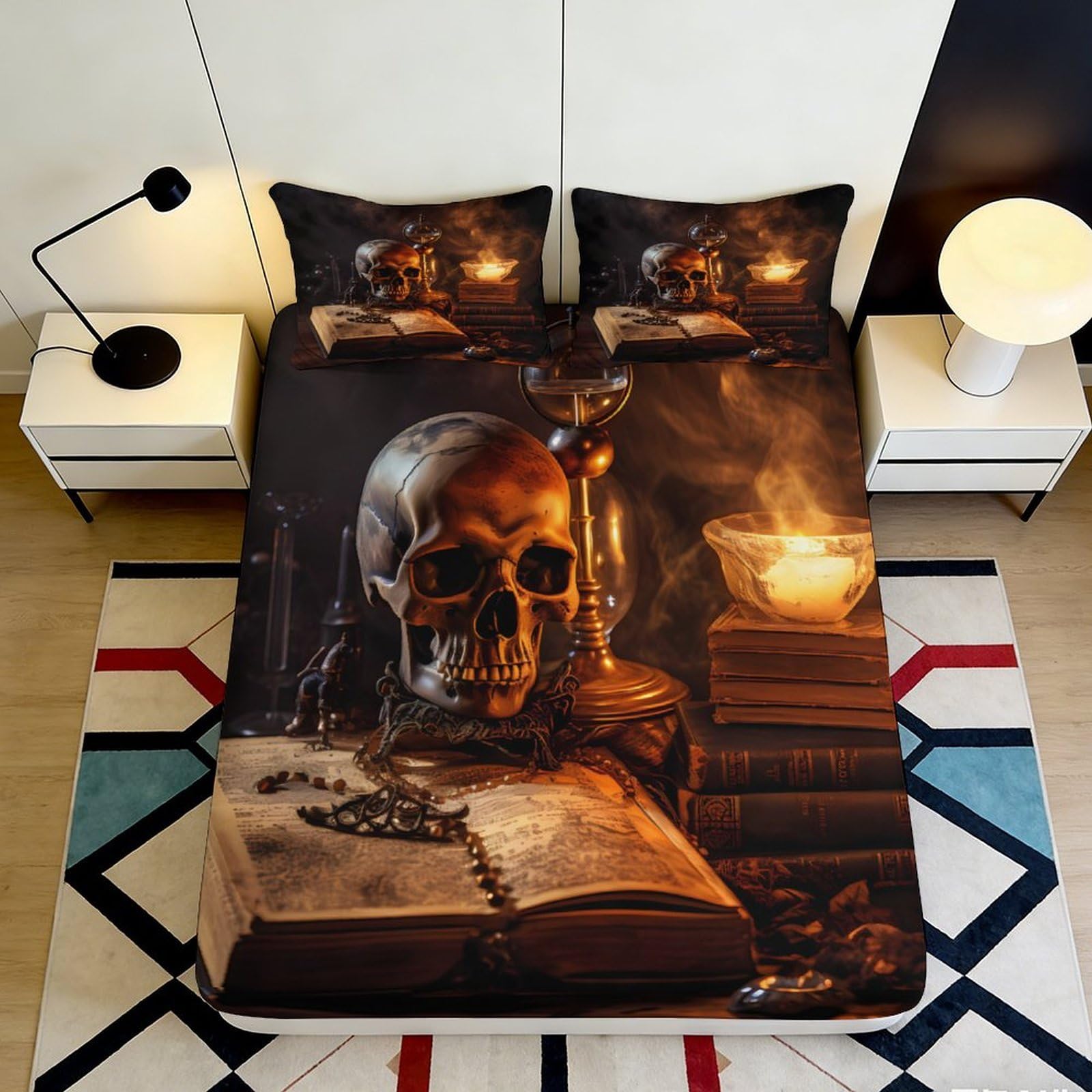 3D Printed Skull Candlelight Fitted Sheet Microfiber Gothic Book Bed Cover Bedroom Decor Mattress Protector 90x200x25cm