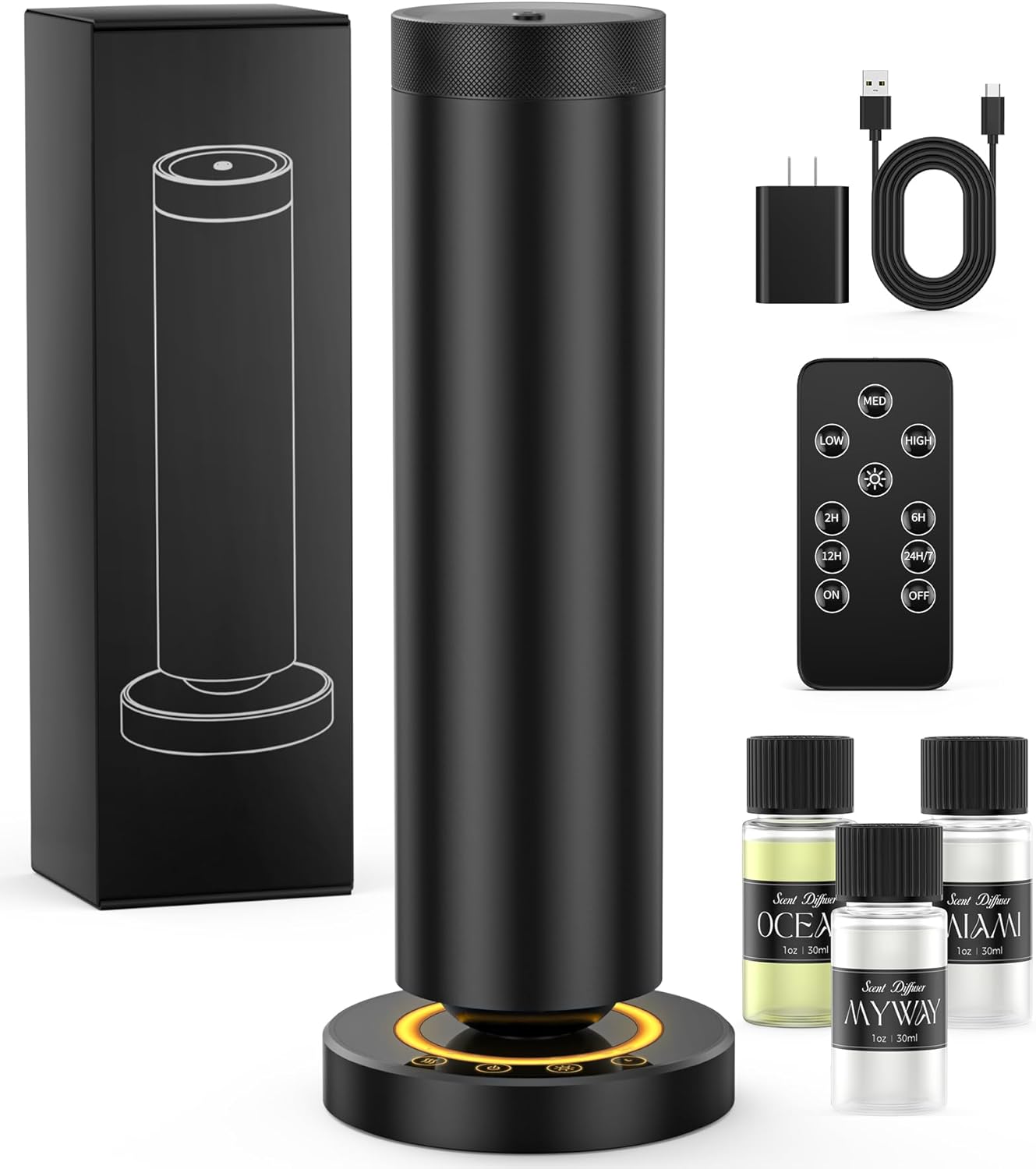 Waterless Diffuser with 90ML Essential Oils, Aromatherapy Diffuser Covers 1000 Sq Ft, Diffusers for Home Hotel, Adjustable Mist & Timer, Scent Diffuser Starter Kit with Night Light, Black