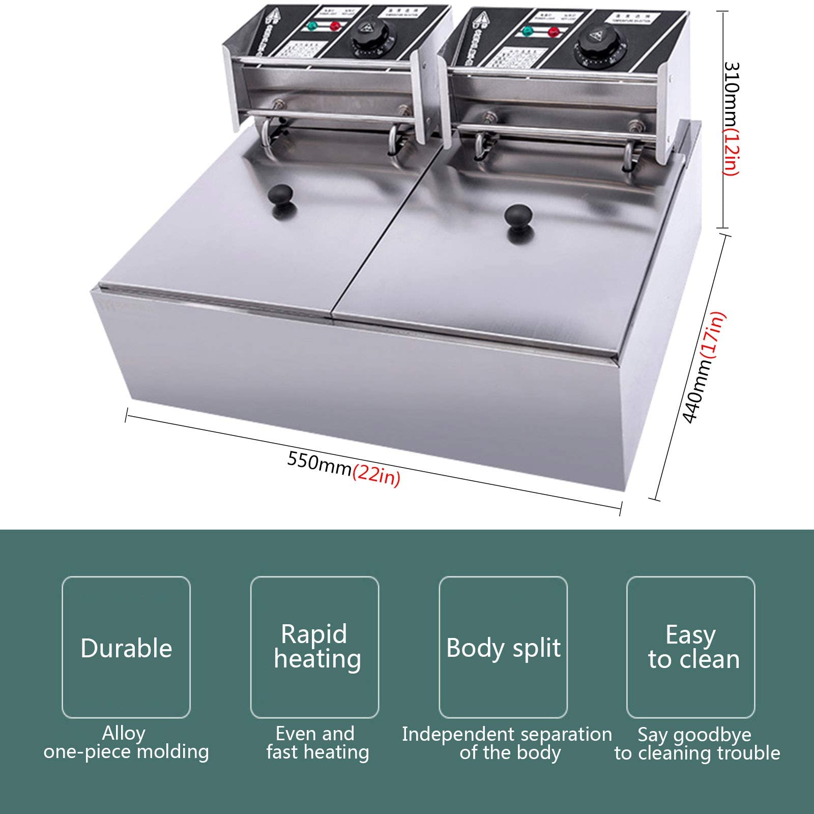 Freidora Comercial de Doble Tanque, freidora eléctrica Profesional de 20L, freidora de 5000W con 2 cestas para freír y Tapa, para freír Alimentos