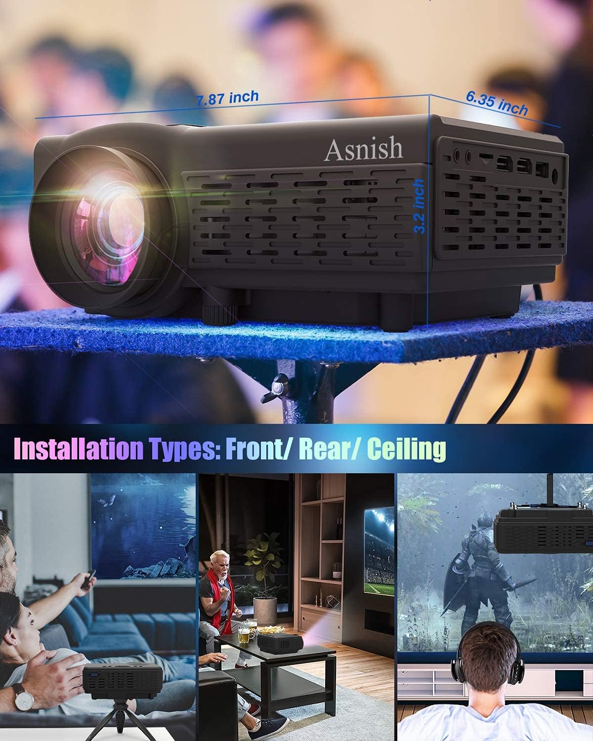 Image showing the dimensions of the projector and various installation types: front, rear, and ceiling projection.