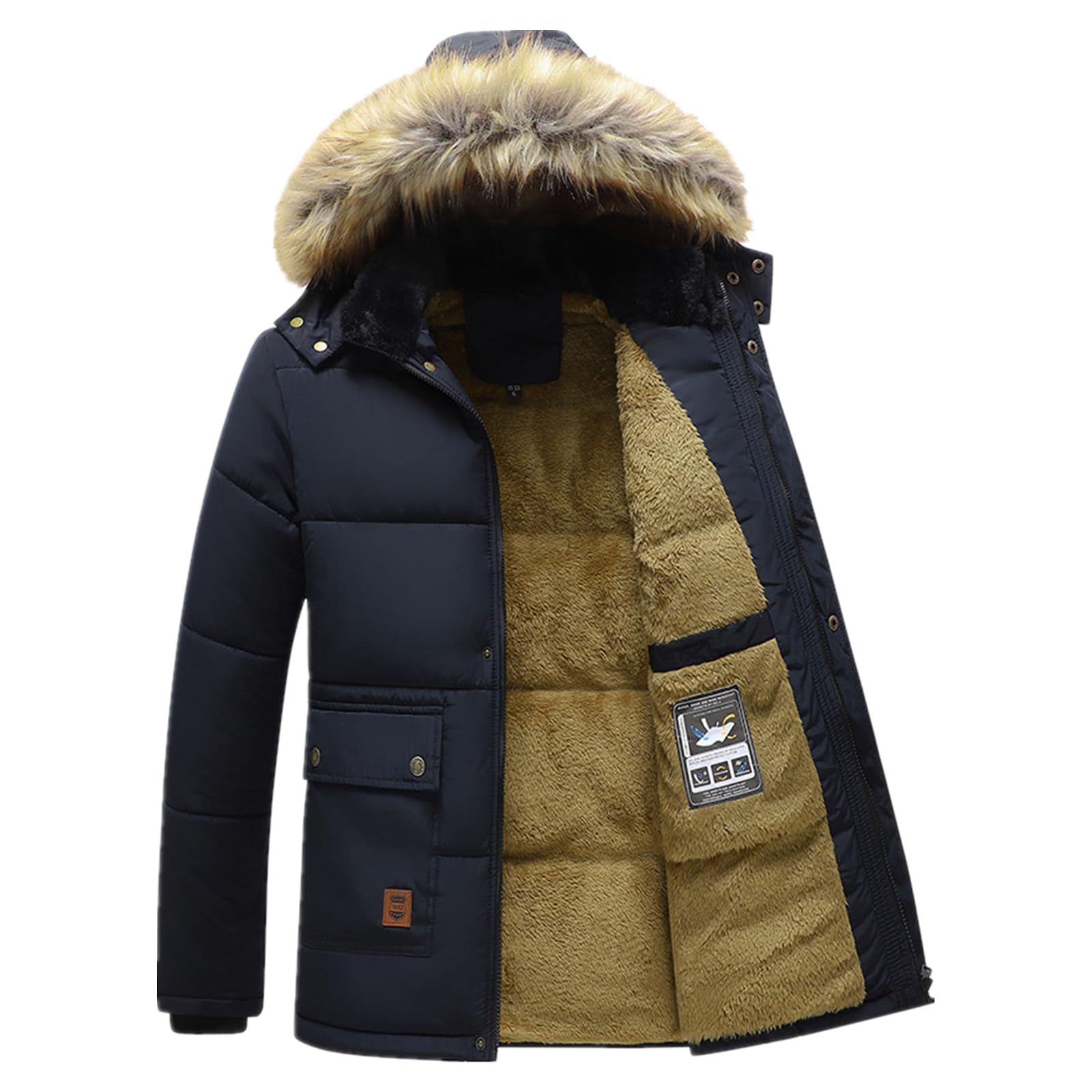 ANUFER Hombres Termal Invierno Chaqueta Parka Forro de Pelusa Gruesa Acolchado de Algodón Abrigo con Capucha de Piel Desmontable